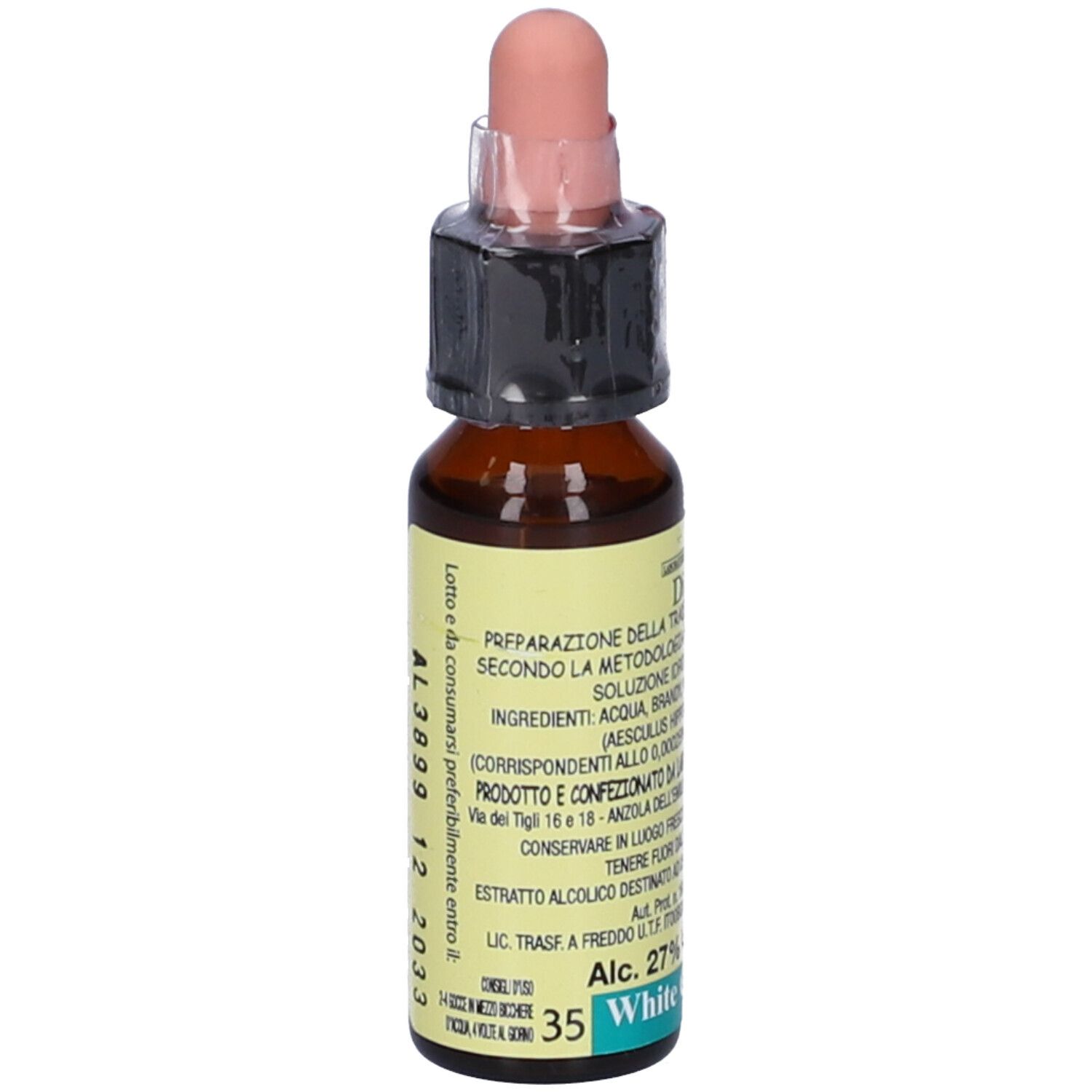 Flacone di vetro marrone con contagocce. Etichetta con testo. Visibili "35 White" e "Alc. 27%."