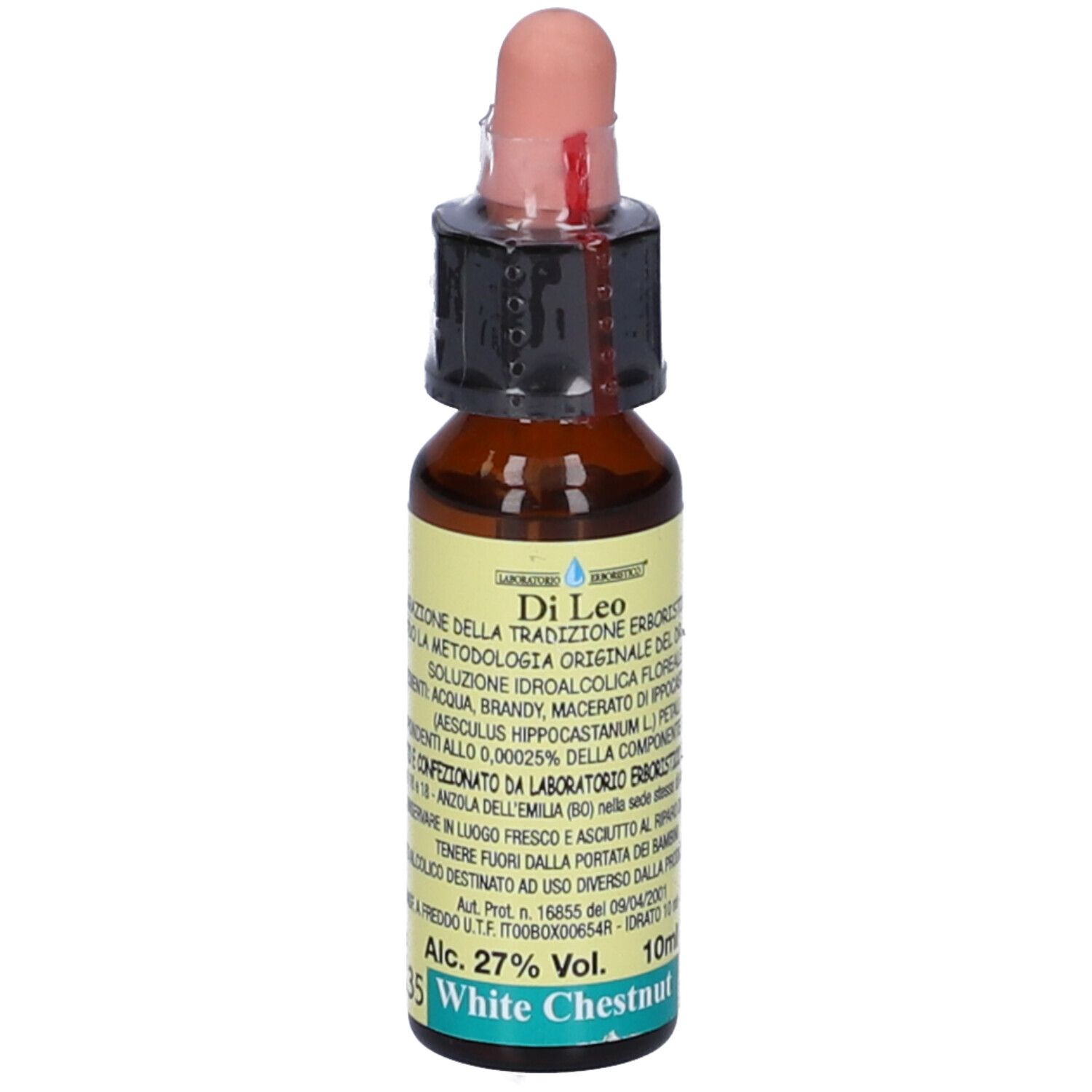 Flacone di vetro marrone con contagocce. Etichetta con testo. Visibili "White Chestnut" e "27% Vol.".