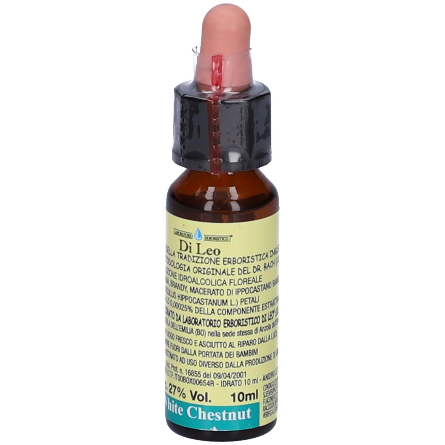 Flacone di vetro marrone con contagocce. Etichetta con testo. Visibili "White Chestnut" e "27% Vol.".