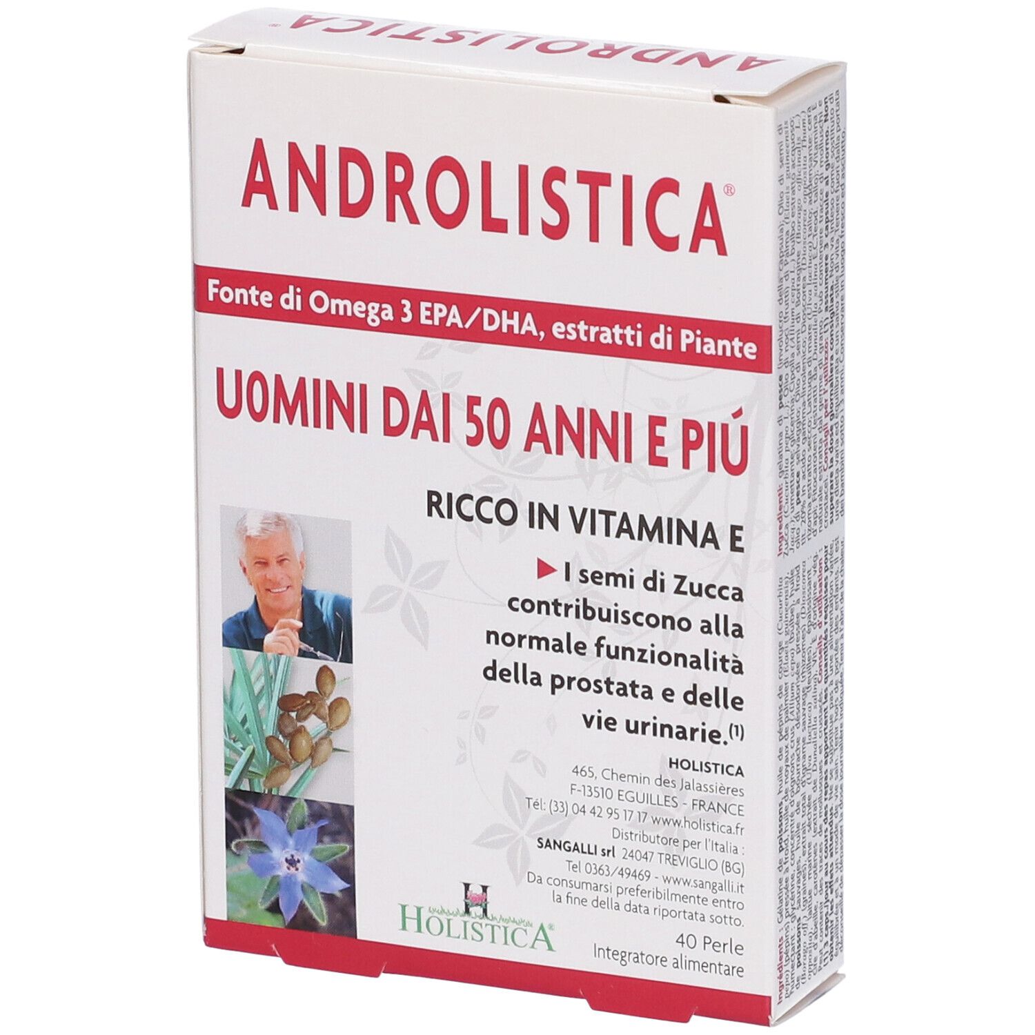 Scatola bianca ANDROLISTICA. Contiene 40 perle. Testo: Uomini dai 50 anni e più. Logo Holistica.