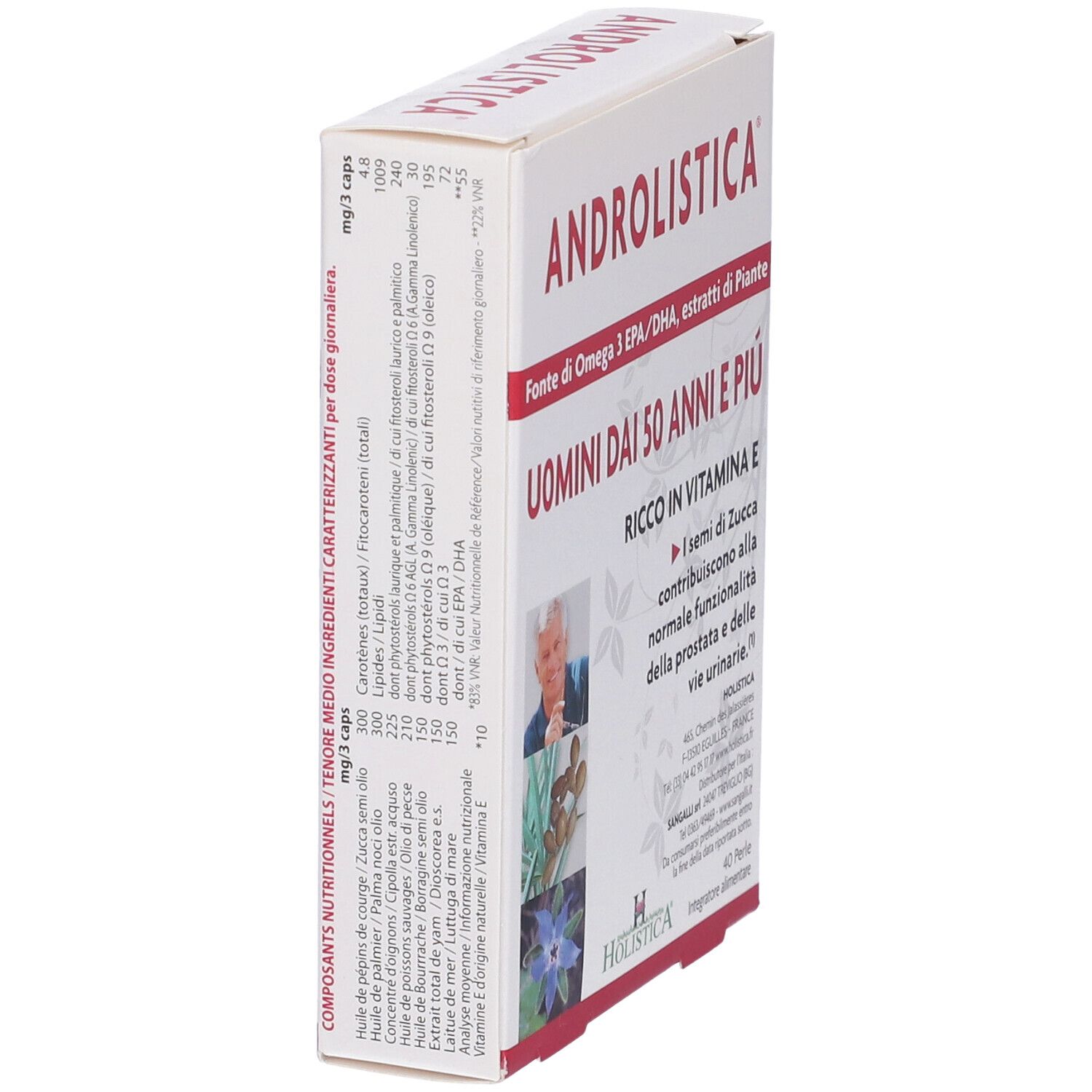 Scatola bianca ANDROLISTICA, vista laterale. Testo: Uomini dai 50 anni e più. Informazioni nutrizionali. Logo Holistica.
