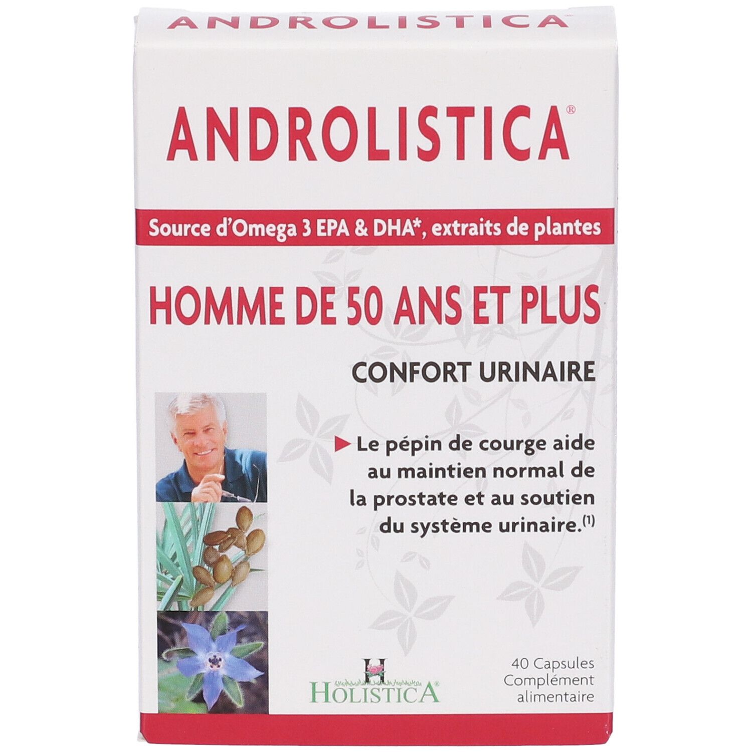 Scatola bianca ANDROLISTICA. Contiene 40 capsule. Testo: Homme de 50 ans et plus. Logo Holistica.