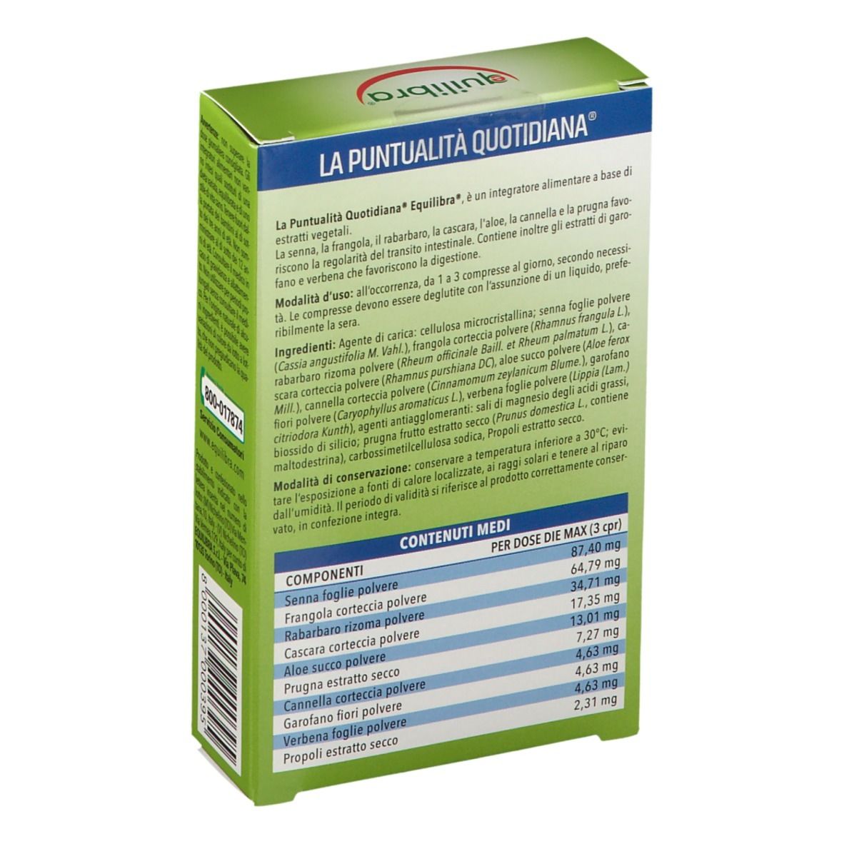 Retro della scatola verde con informazioni sul prodotto e ingredienti. Elenco degli ingredienti e informazioni nutrizionali.