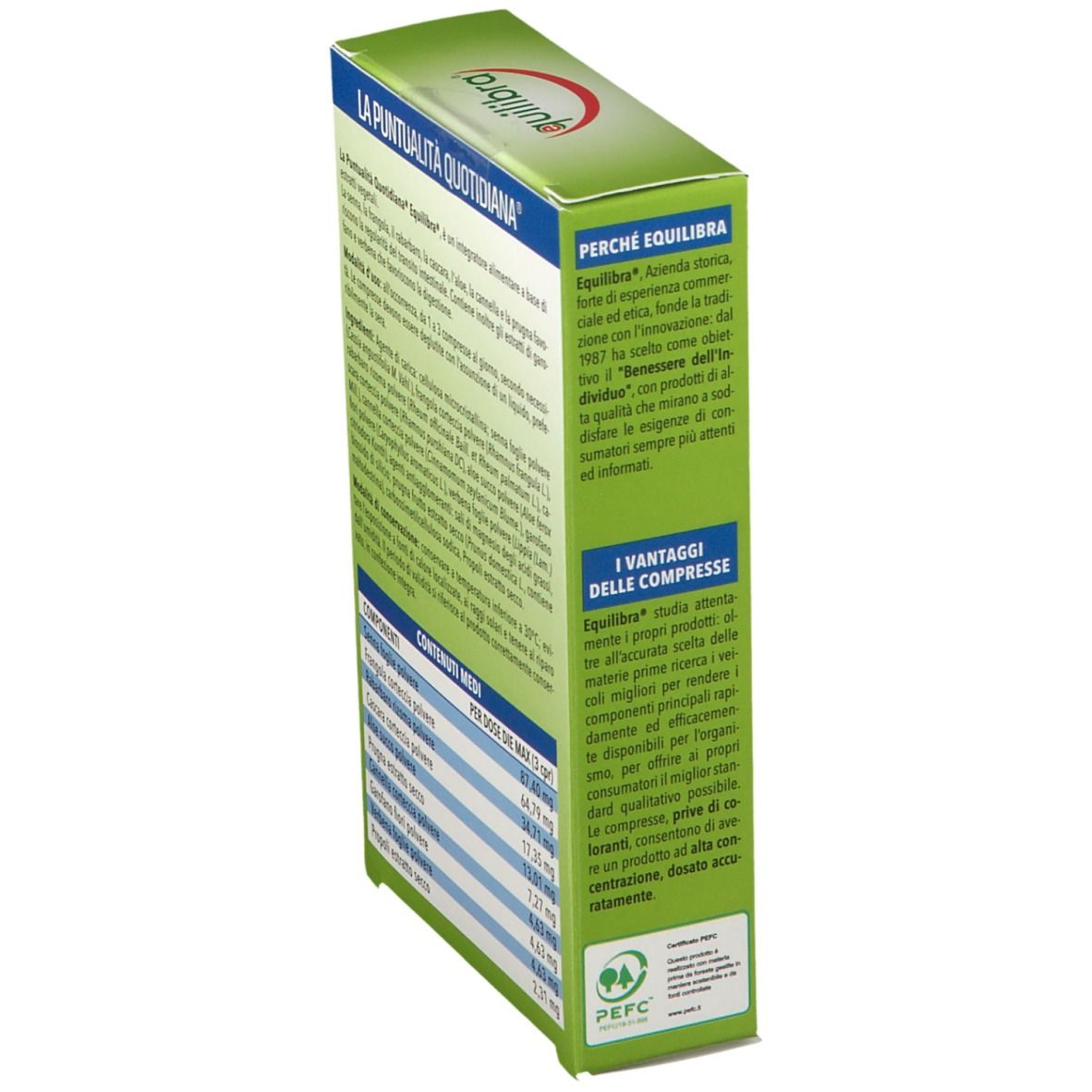 Scatola verde, vista laterale con testo. Informazioni sul marchio e vantaggi delle compresse. Certificazione PEFC.