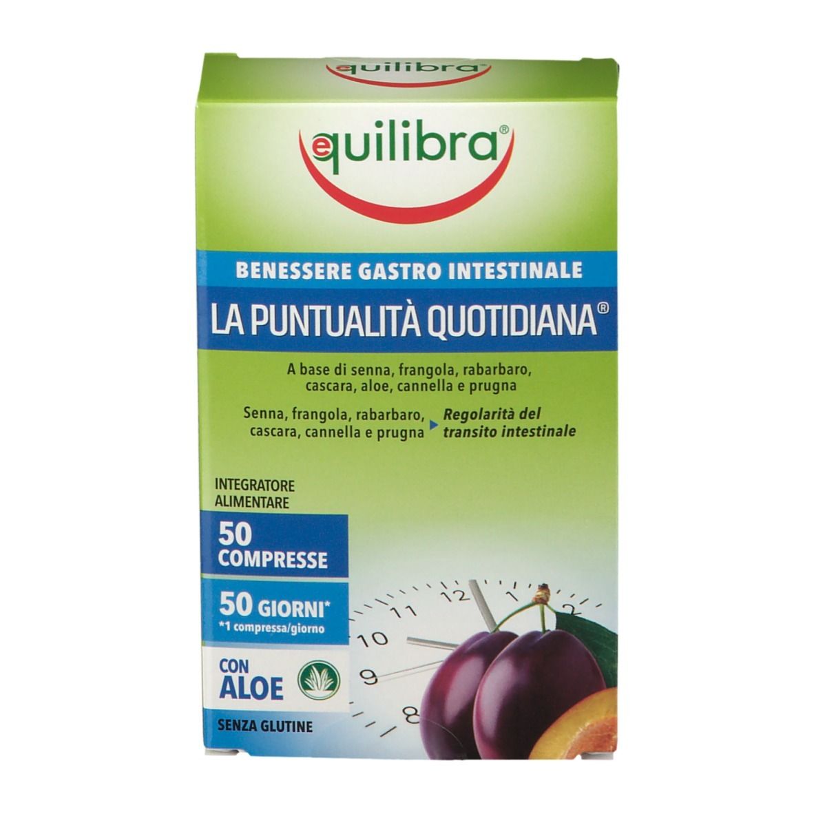 Scatola verde con nome del prodotto e ingredienti. 50 compresse, 50 giorni. Con aloe e senza glutine. Immagine di prugne.