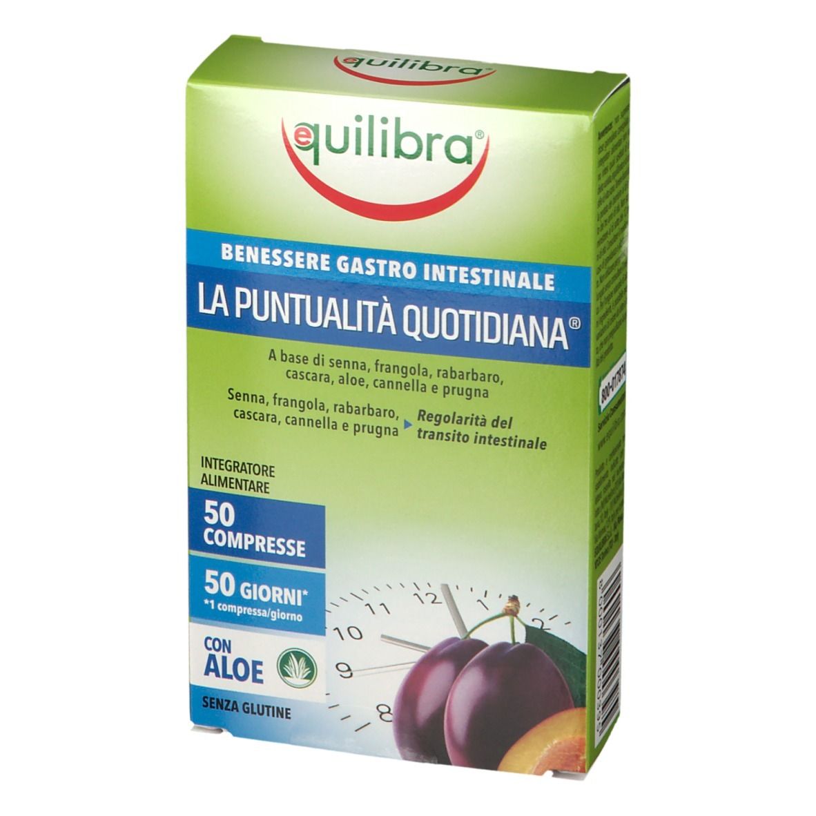 Scatola verde con nome del prodotto e ingredienti. 50 compresse, 50 giorni. Con aloe e senza glutine. Immagine di prugne.