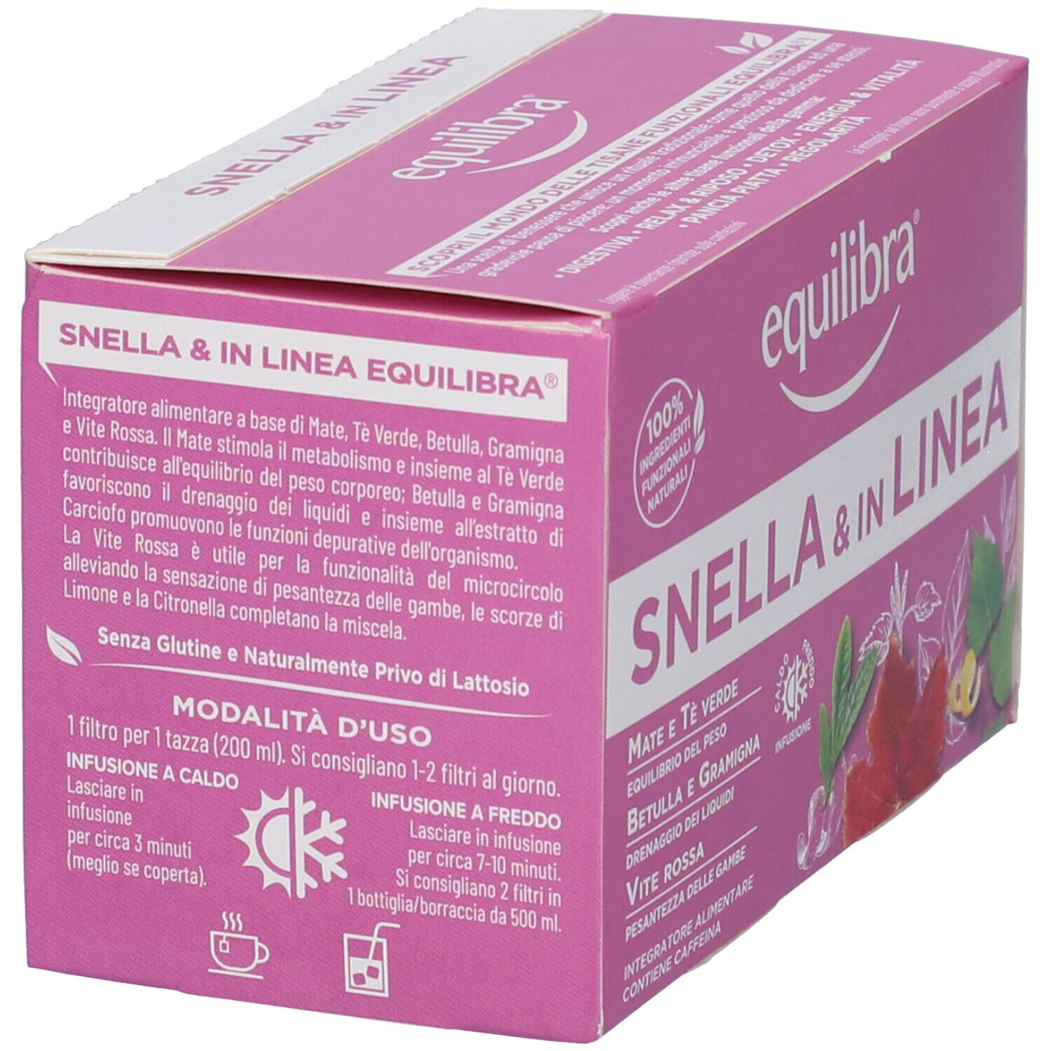Scatola rosa angolata. Nome e logo del prodotto visibili. Testo su ingredienti e utilizzo. Ingredienti naturali al 100%.