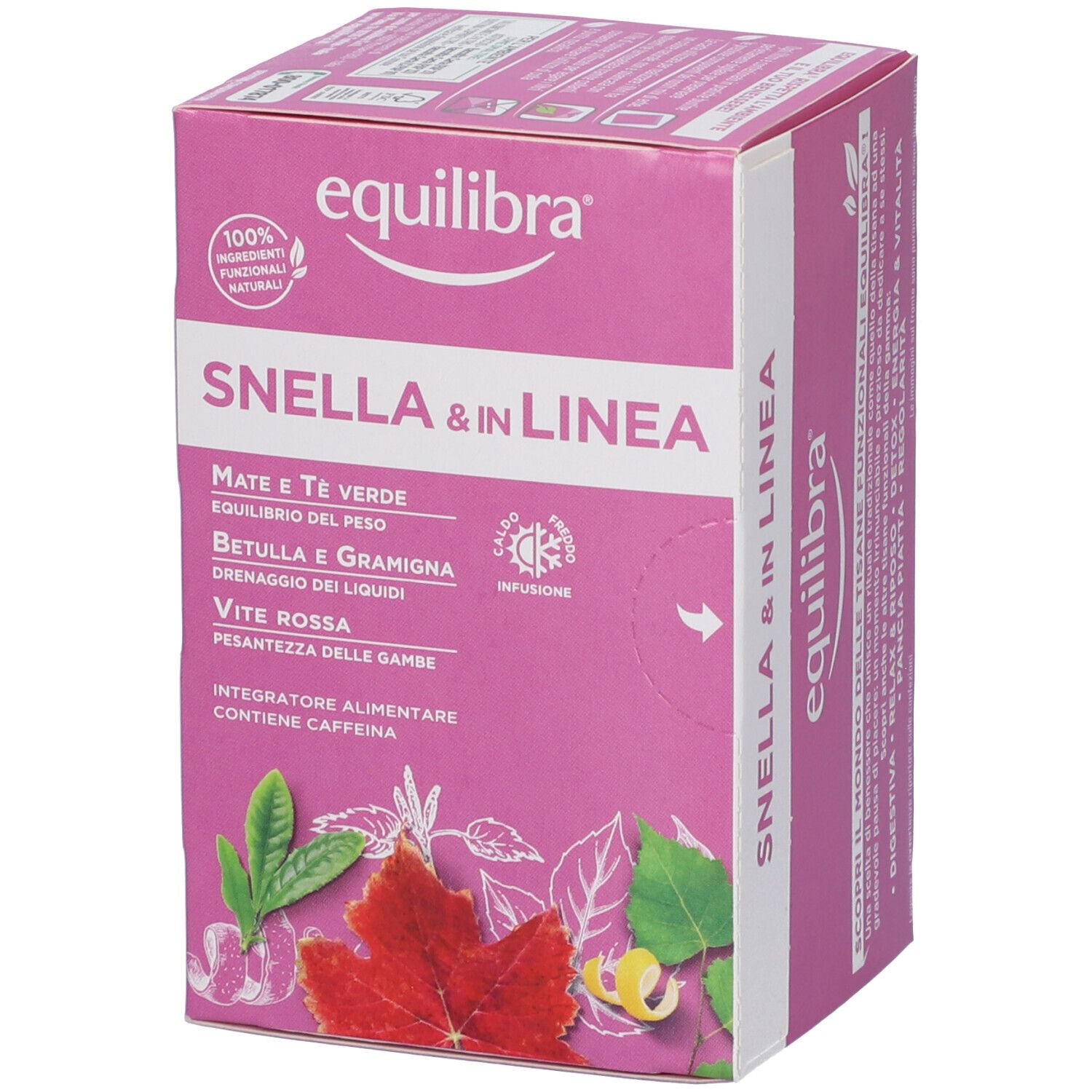 Scatola rosa con nome e logo del prodotto. Illustrazioni di erbe e testo. Simbolo di infusione. Ingredienti naturali al 100%.