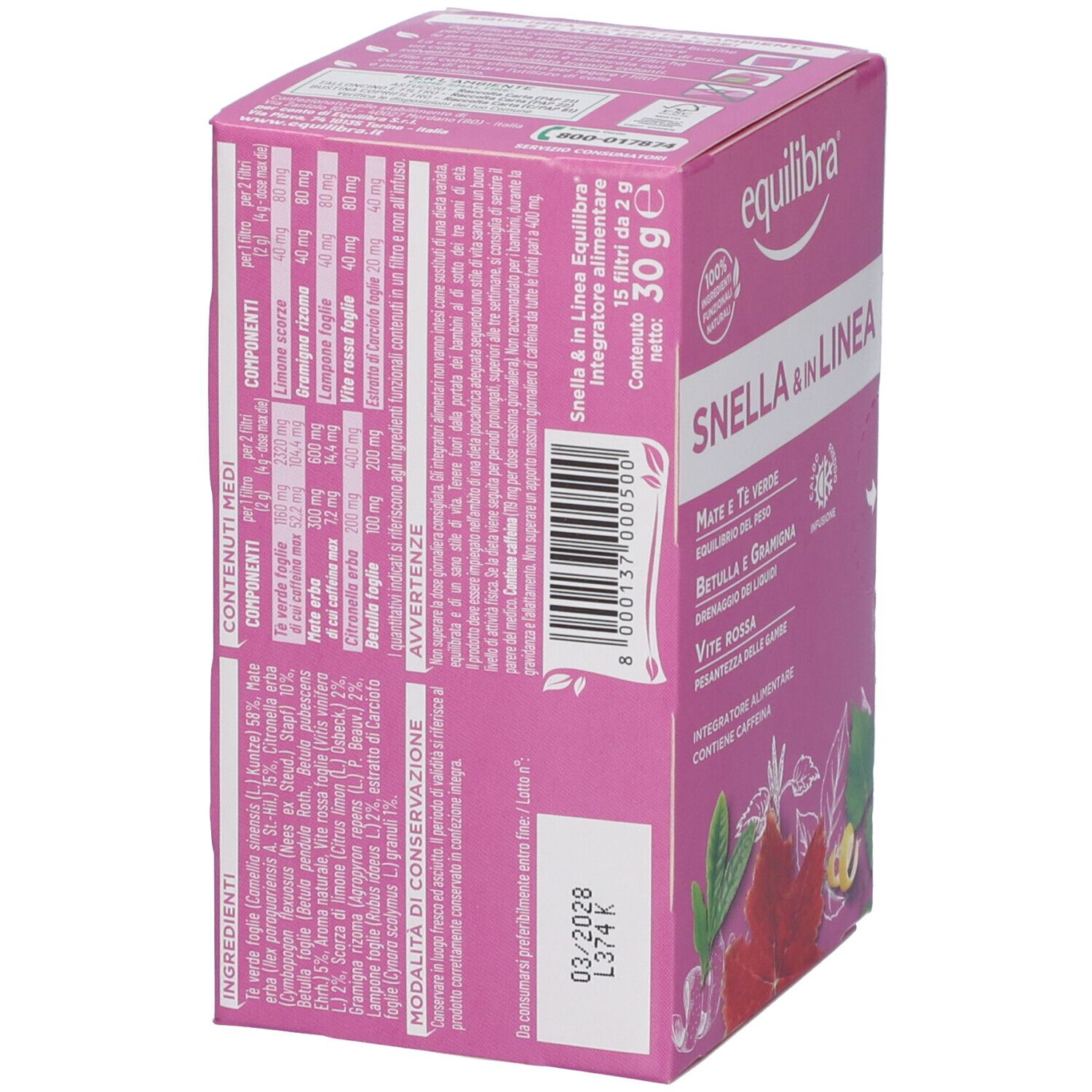 Scatola rosa, retro. Testo su ingredienti e valori nutrizionali. Nome e logo del prodotto. 15 bustine filtro.
