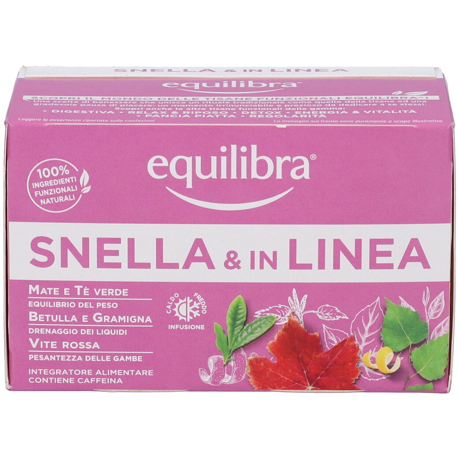 Scatola rosa con nome e logo del prodotto. Illustrazioni di erbe e testo. Simbolo di infusione. Ingredienti naturali al 100%.