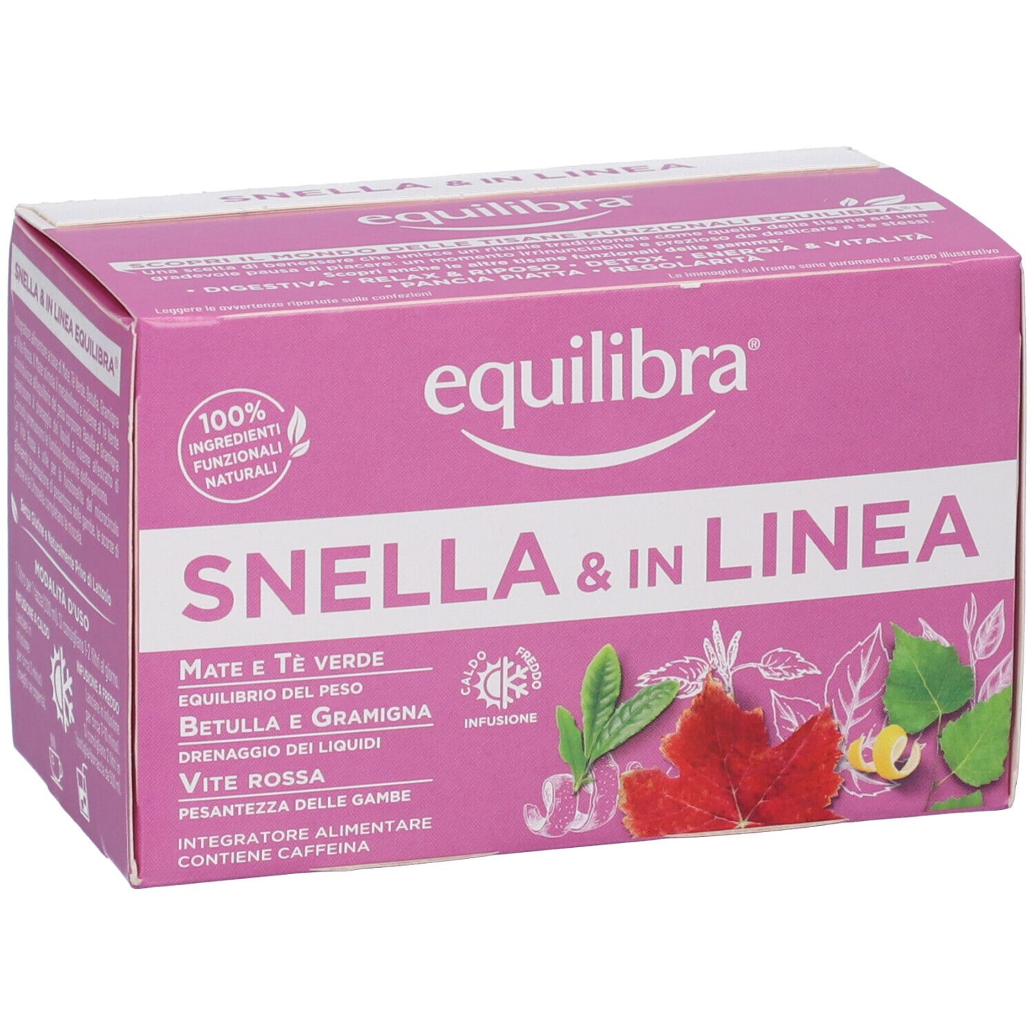 Scatola rosa con nome e logo del prodotto. Illustrazioni di erbe e testo. Simbolo di infusione. Ingredienti naturali al 100%.
