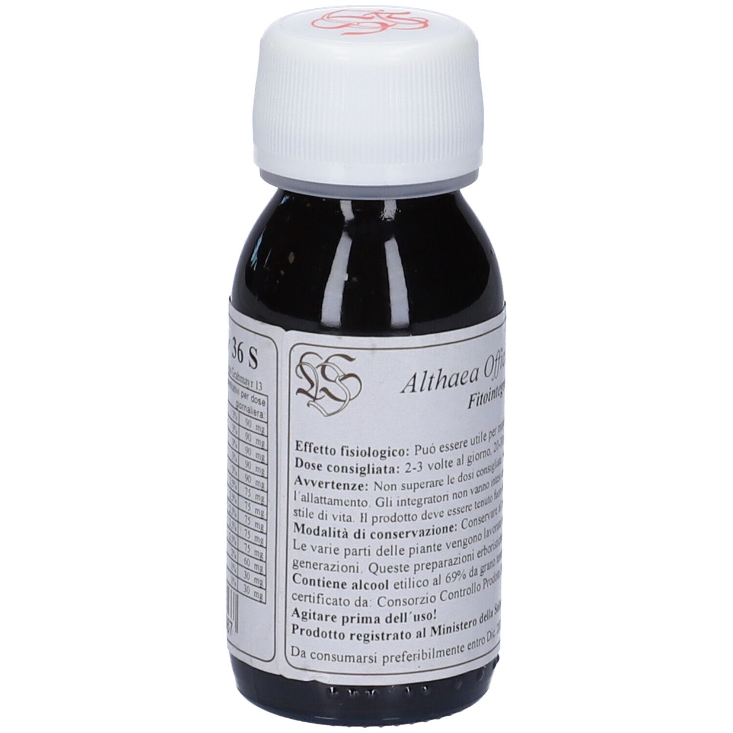 Flacone di vetro marrone con tappo bianco. Scritta: 36 S, Althaea Officinalis Compositum, Fitointegratore alimentare.