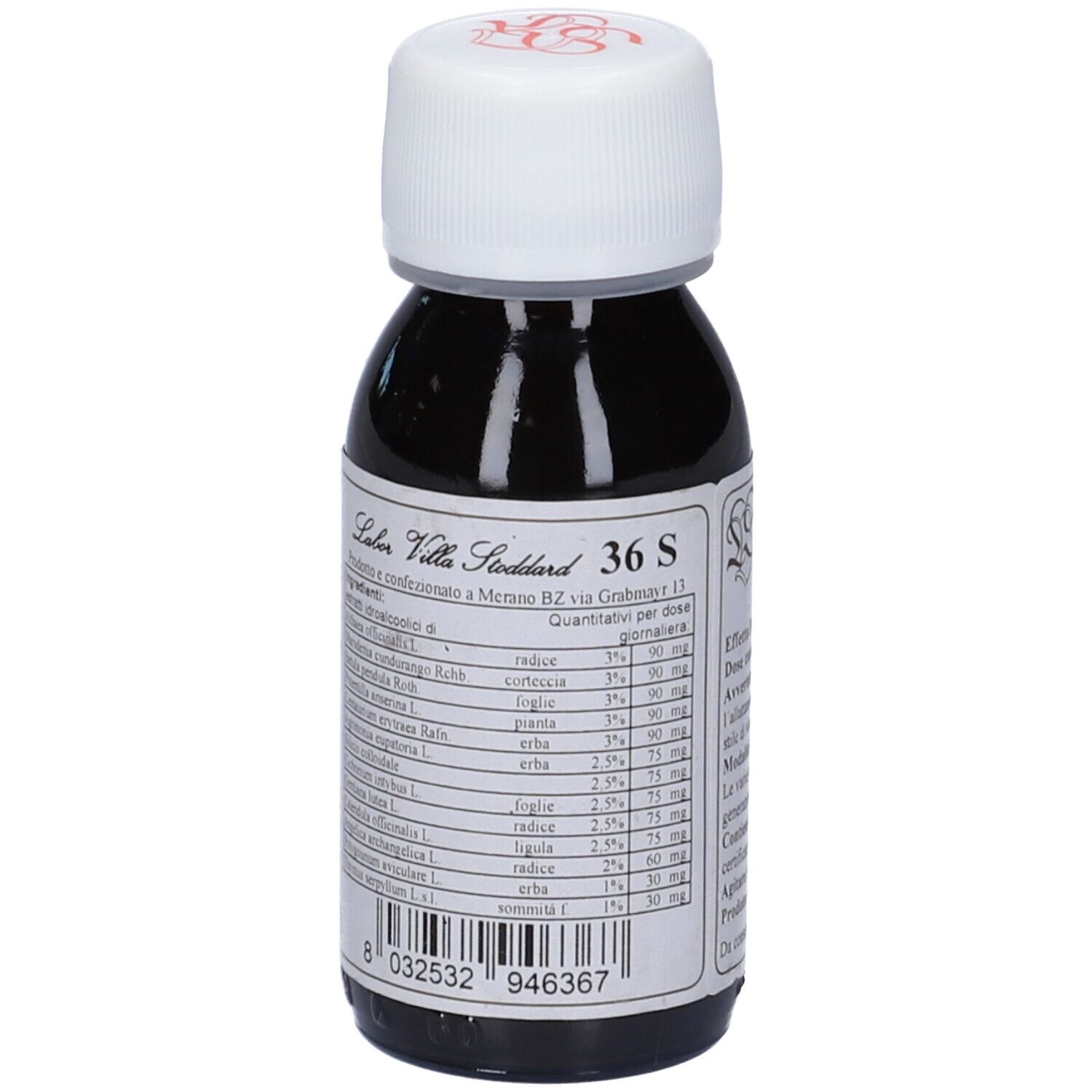 Flacone di vetro marrone con tappo bianco. Scritta: Labor Villa Soddard, 36 S. Etichetta con ingredienti e dosaggio.