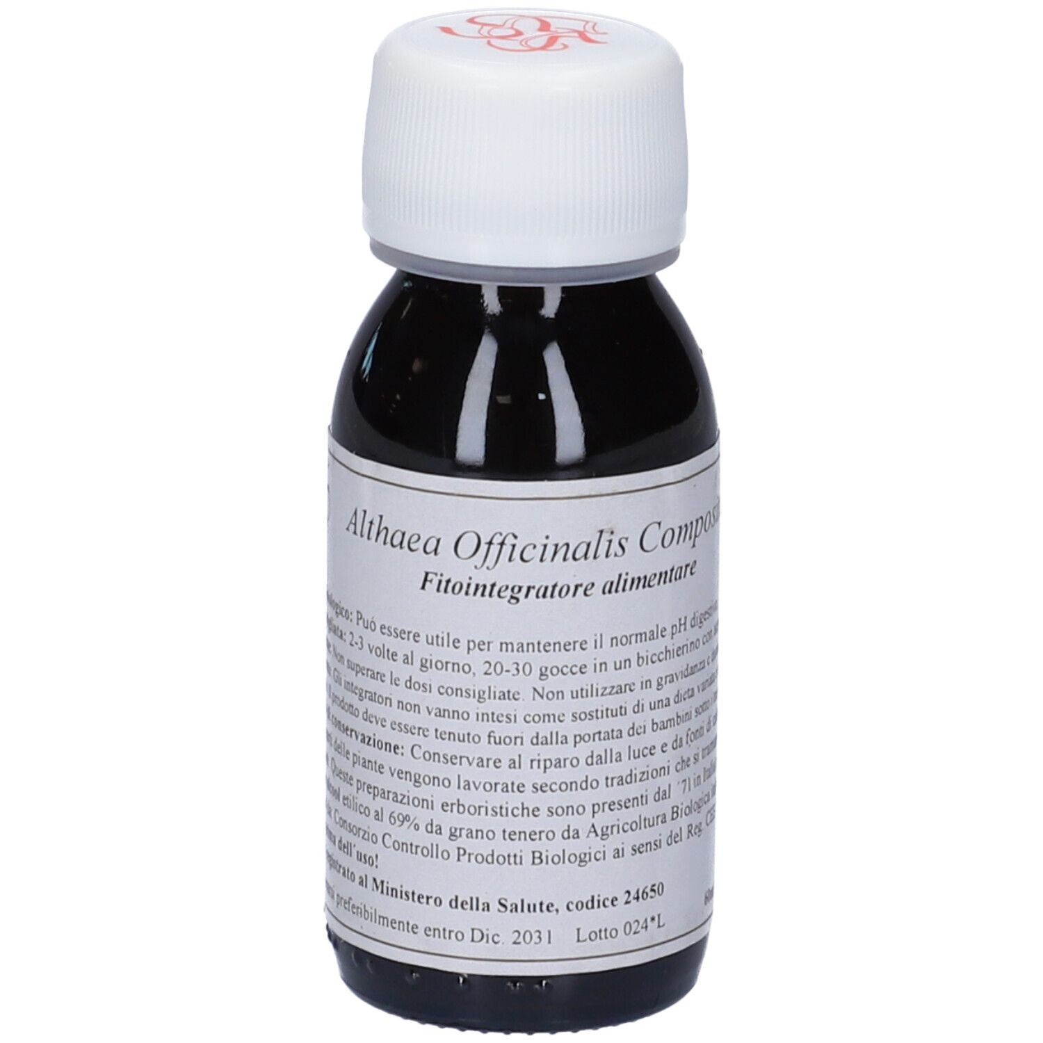 Flacone di vetro marrone con tappo bianco. Scritta: Althaea Officinalis Compositum, Fitointegratore alimentare.