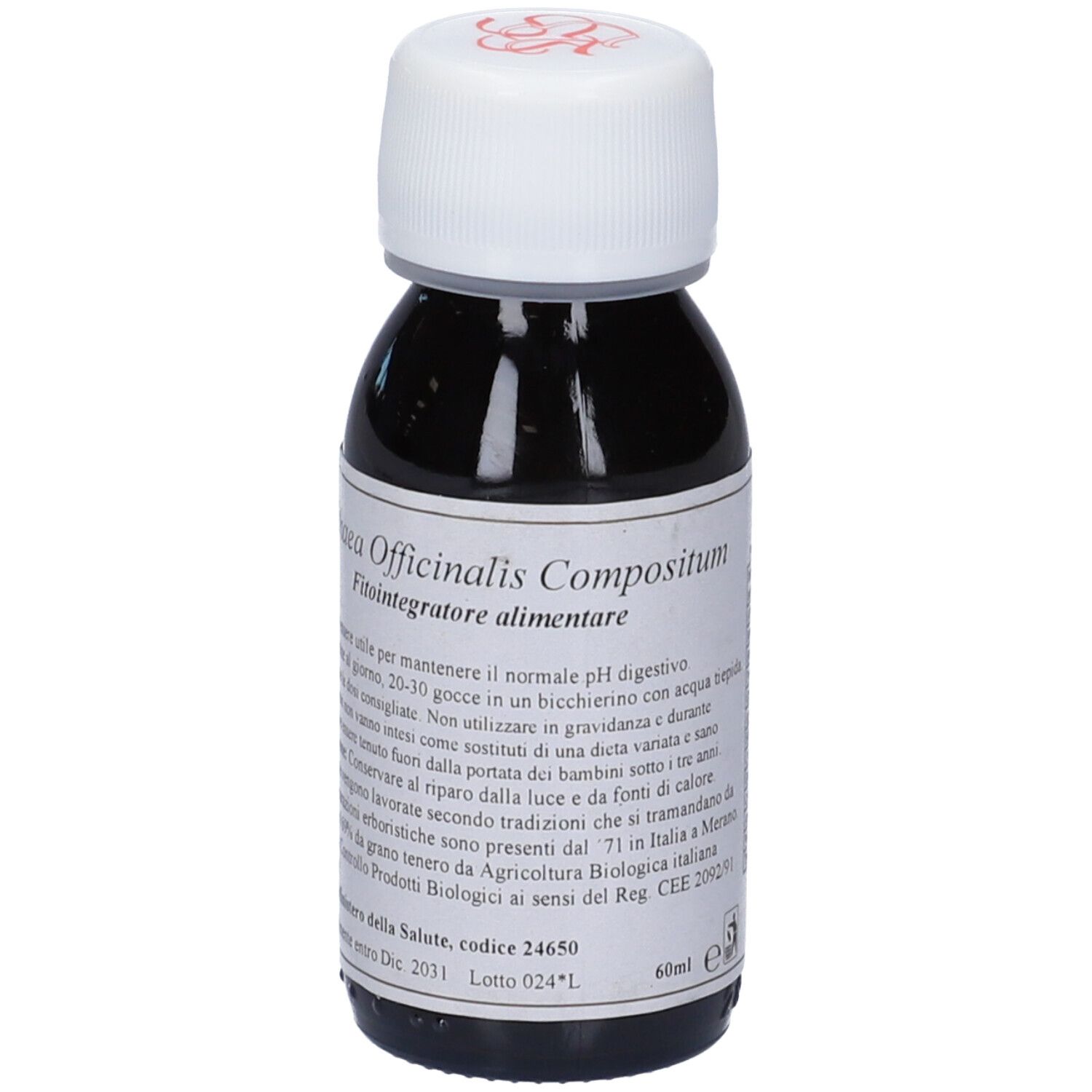 Flacone di vetro marrone con tappo bianco. Scritta: Althaea Officinalis Compositum, Fitointegratore alimentare. 60ml.
