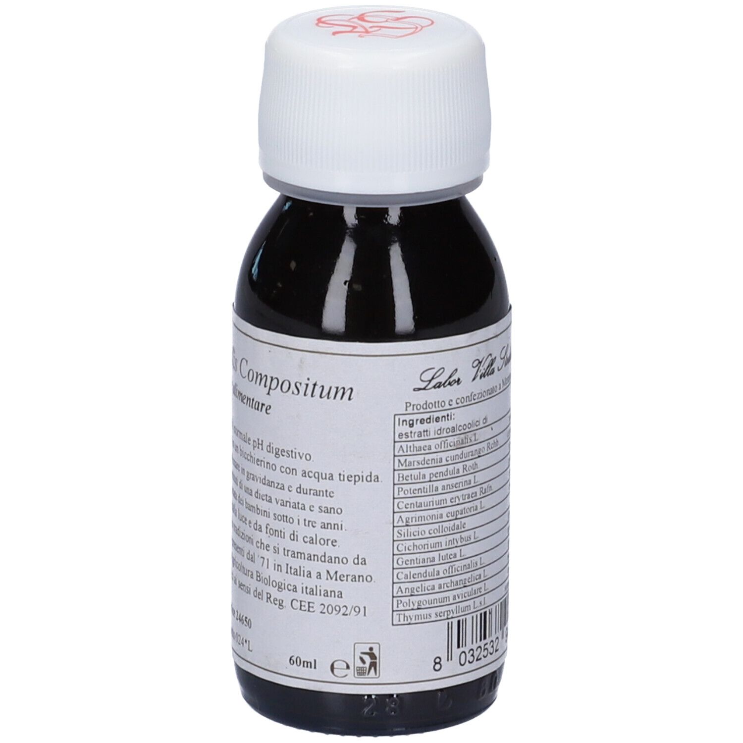 Flacone di vetro marrone con tappo bianco. Scritta: Althaea Officinalis Compositum, Fitointegratore alimentare. 60ml. Etichetta con ingredienti.