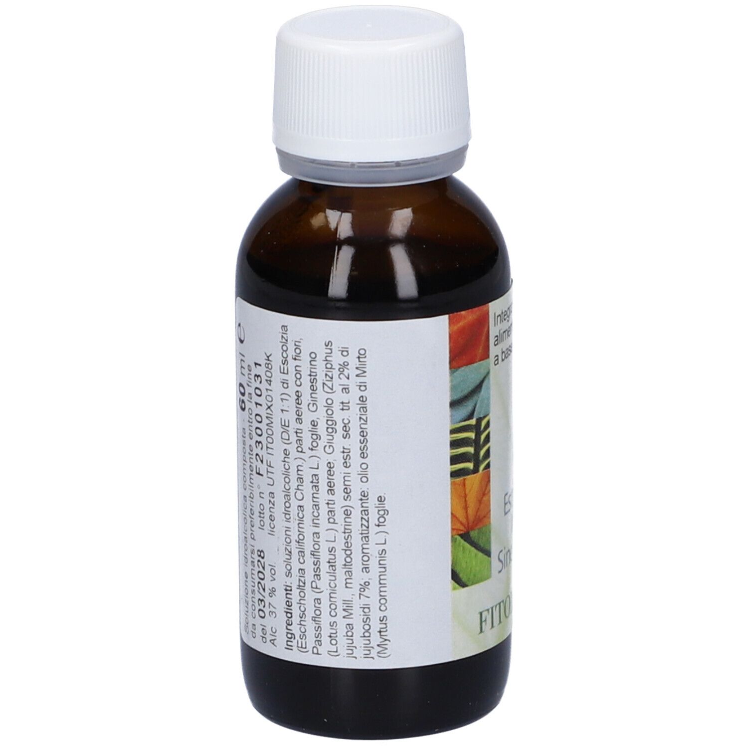 Flacone vetro marrone con tappo bianco. Etichetta con ingredienti e 'sonno Ziziphus'.