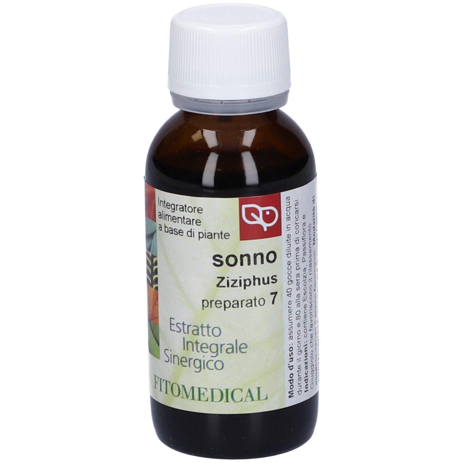 Flacone di vetro marrone con tappo bianco. Etichetta con 'sonno Ziziphus'.