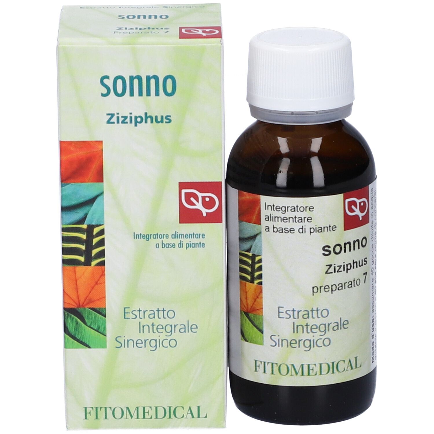 Flacone e scatola. Flacone con tappo bianco. Scatola con 'sonno Ziziphus'.