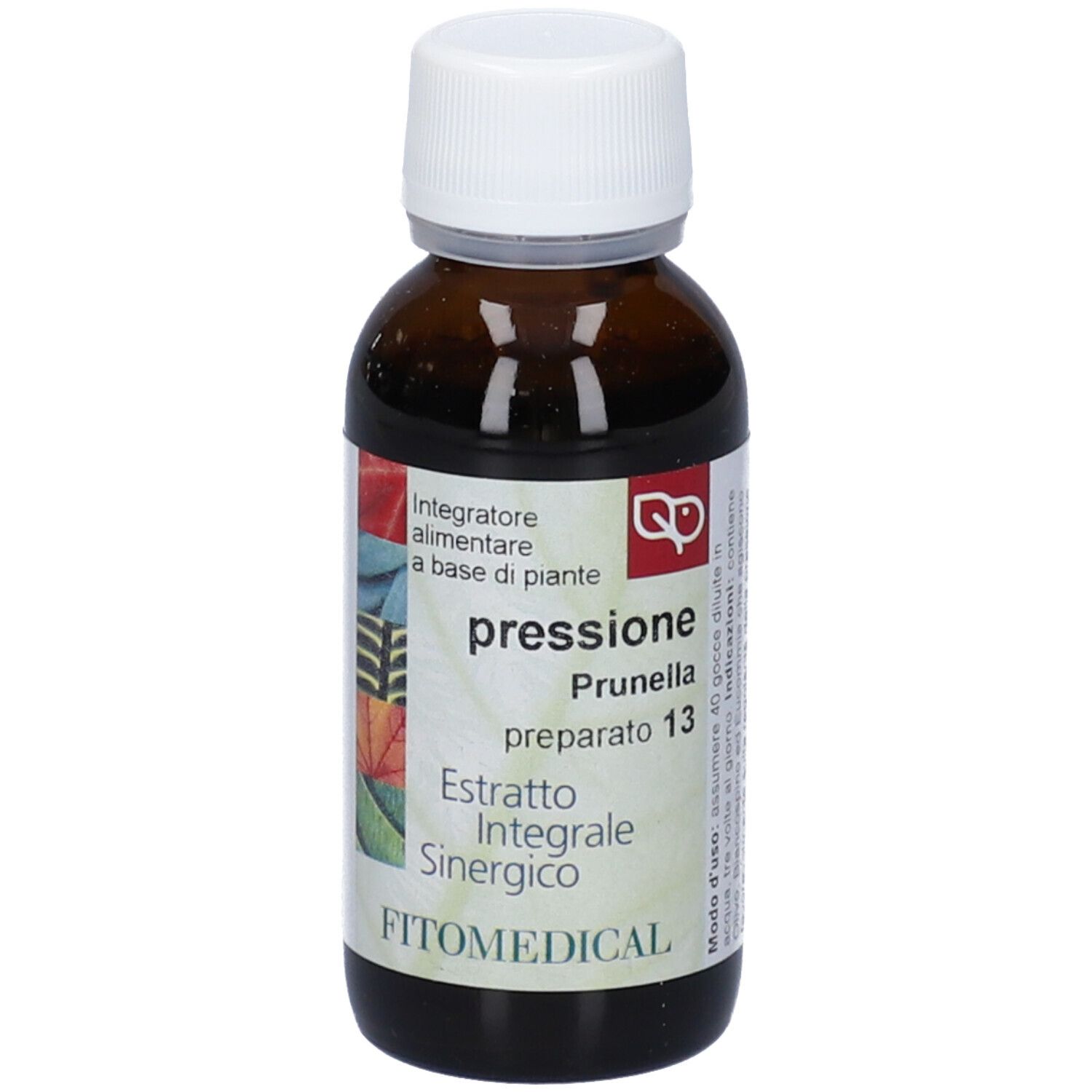 Flacone di vetro marrone con tappo bianco. Stampa: pressione Prunella, Extratto Integrale Sinergico. Marchio: FITOMEDICAL.