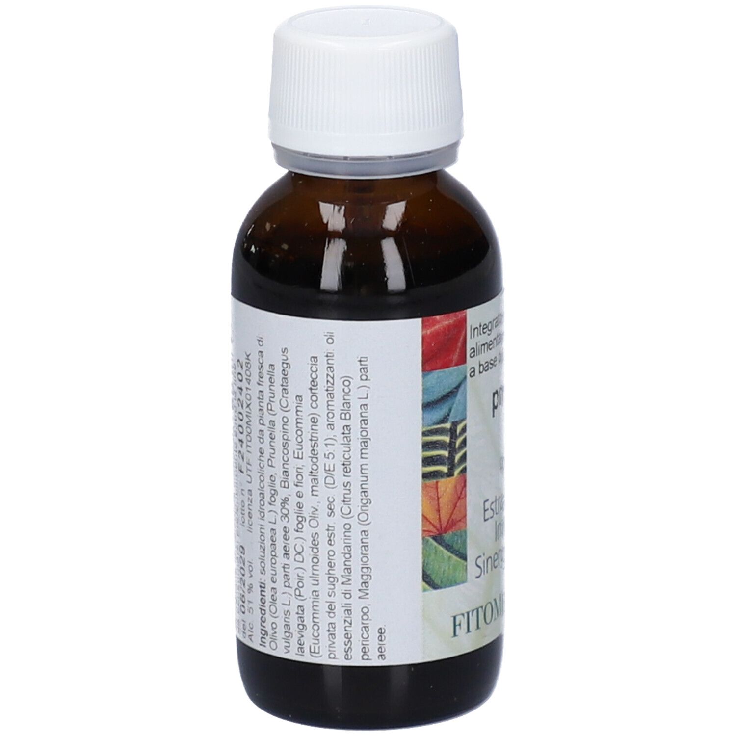 Flacone di vetro marrone con tappo bianco. Stampa: pressione Prunella, Extratto Integrale Sinergico. Marchio: FITOMEDICAL. Dettaglio ingredienti.