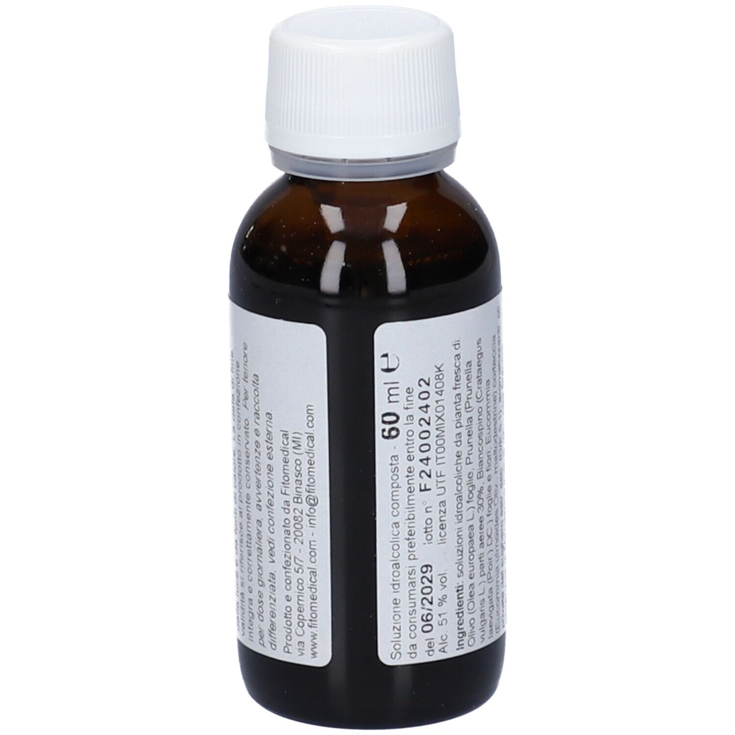 Flacone di vetro marrone con tappo bianco. Stampa: pressione Prunella, Extratto Integrale Sinergico. Marchio: FITOMEDICAL. Dettaglio ingredienti.