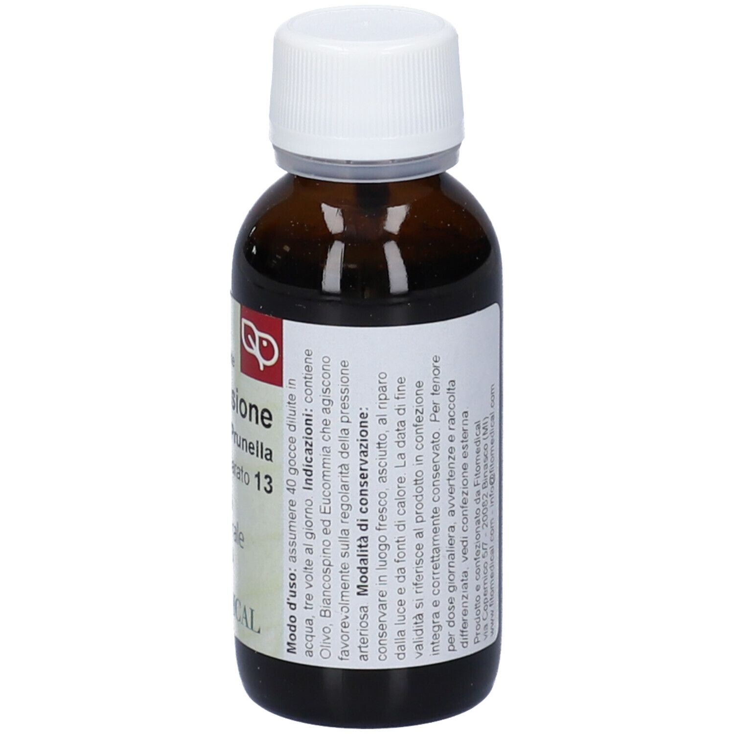 Flacone di vetro marrone con tappo bianco. Stampa: pressione Prunella, Extratto Integrale Sinergico. Marchio: FITOMEDICAL. Dettaglio uso.