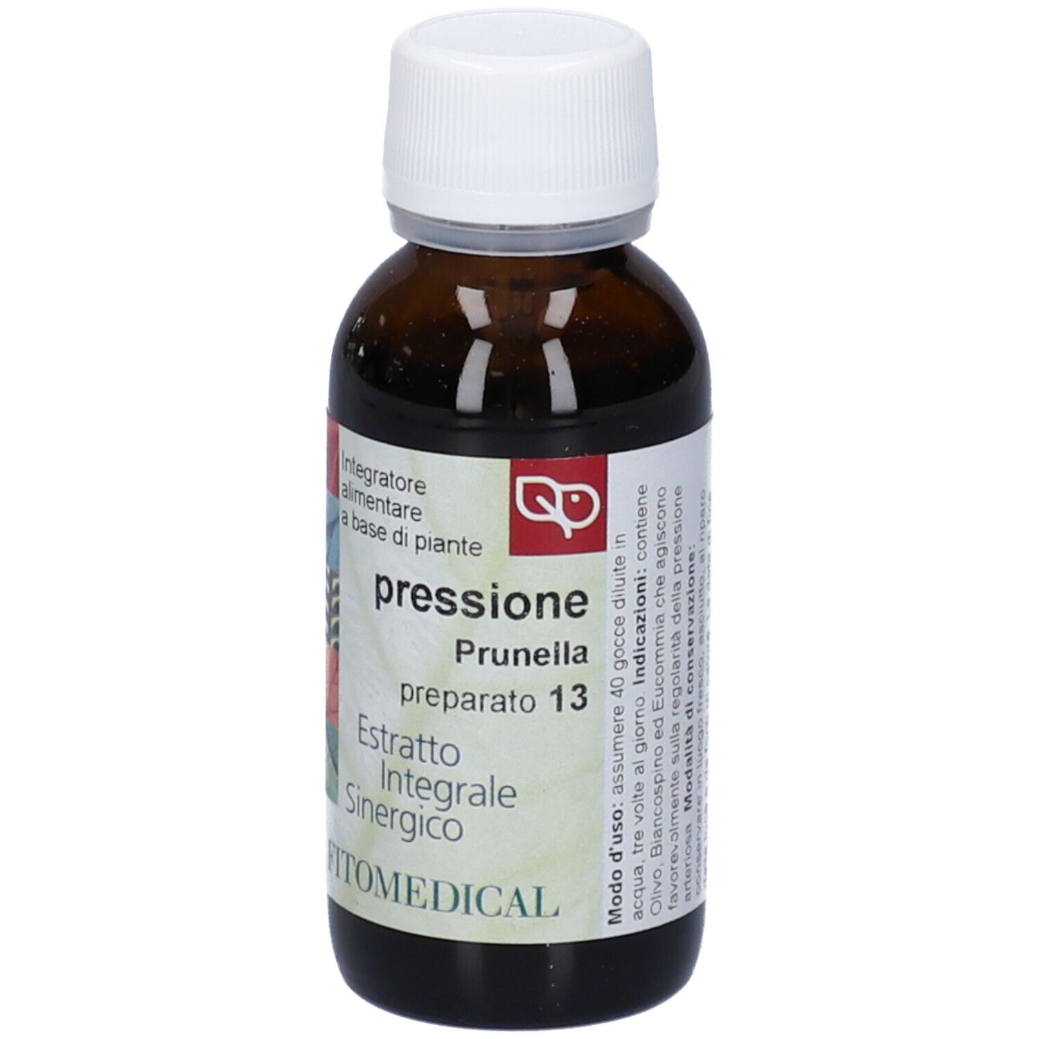 Flacone di vetro marrone con tappo bianco. Stampa: pressione Prunella, Extratto Integrale Sinergico. Marchio: FITOMEDICAL.