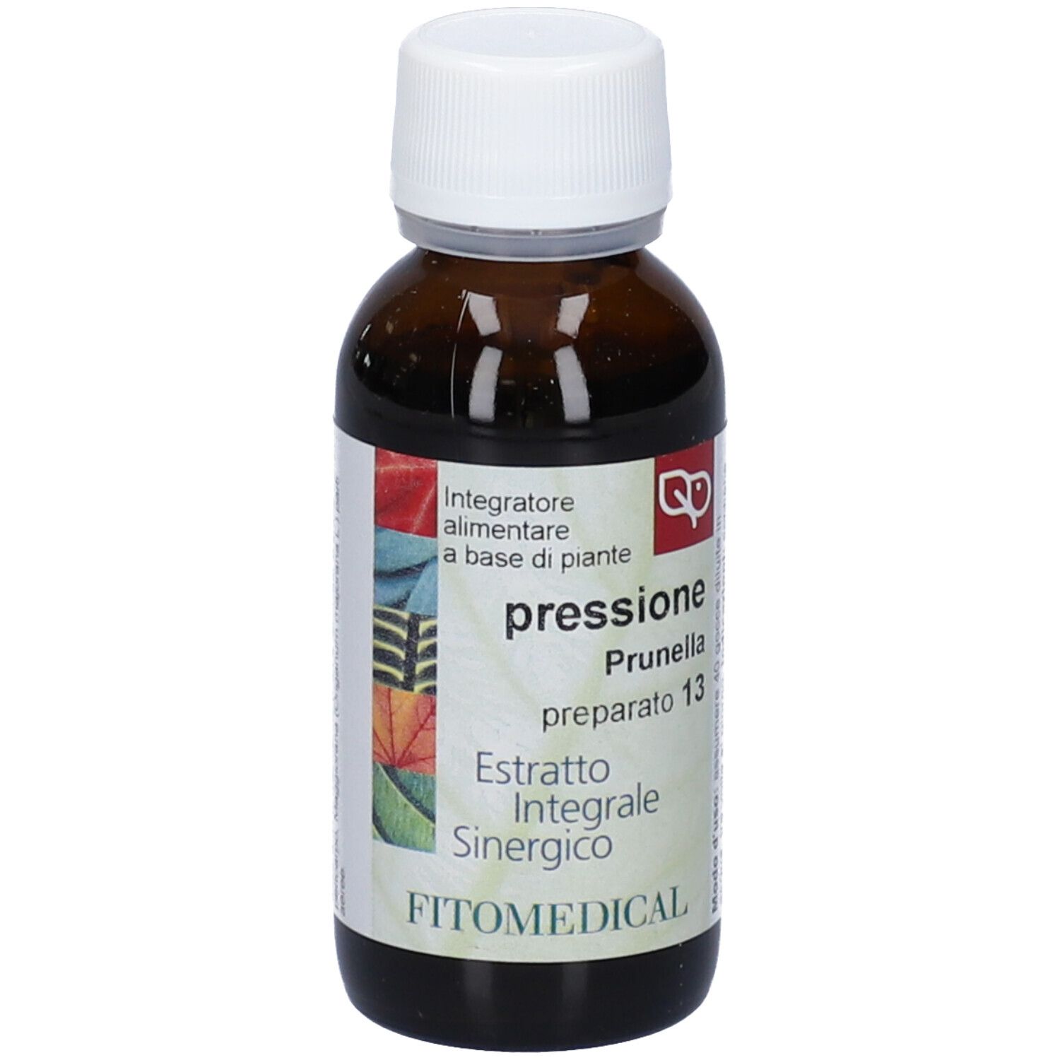 Flacone di vetro marrone con tappo bianco. Stampa: pressione Prunella, Extratto Integrale Sinergico. Marchio: FITOMEDICAL.
