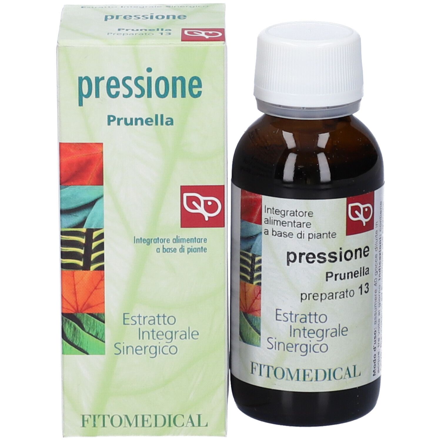 Flacone e confezione affiancati. Stampa: pressione Prunella, Extratto Integrale Sinergico. Marchio: FITOMEDICAL.