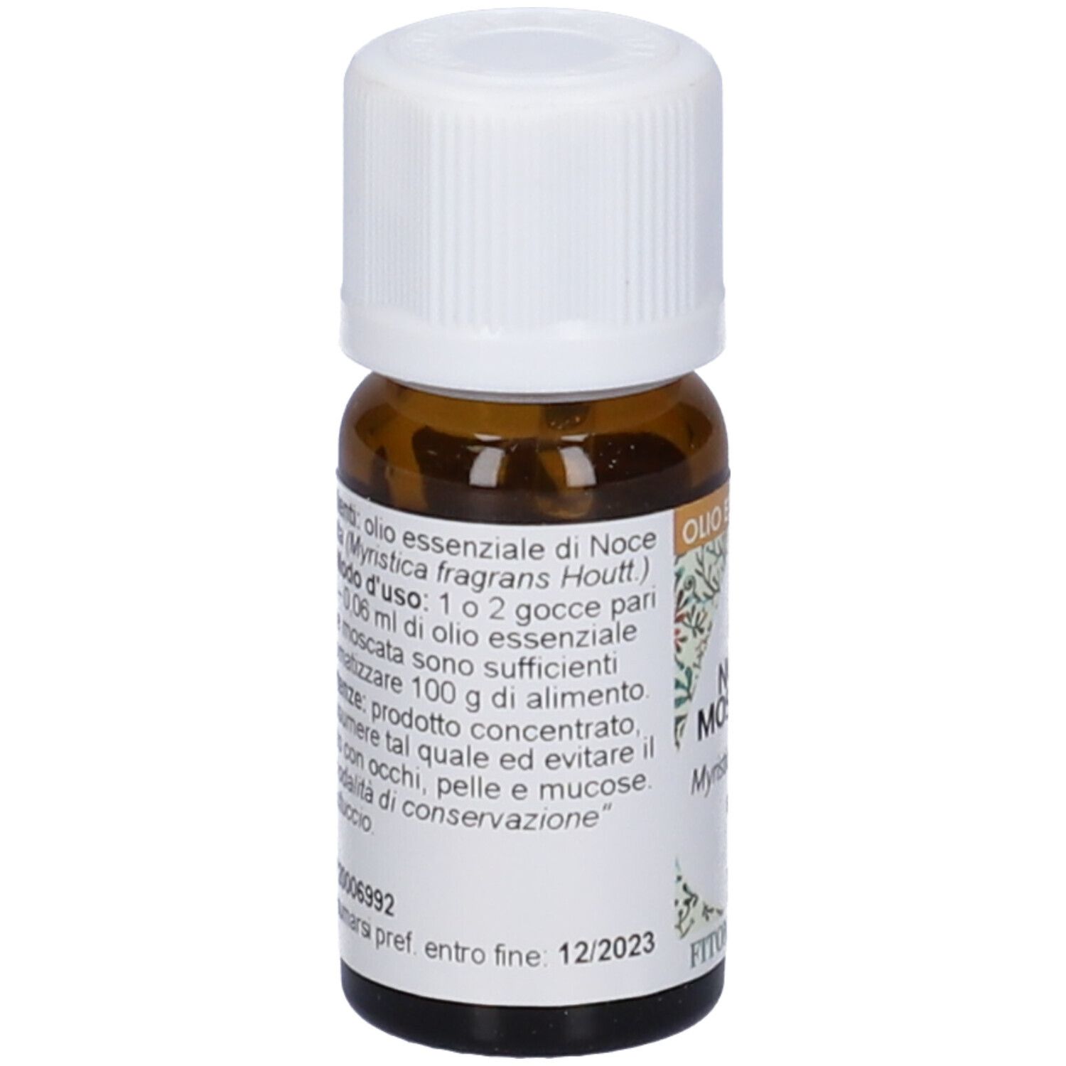 Flacone in vetro marrone con tappo bianco. Scritta: Noce Moscata, Olio Essenziale, FitoMedical, 10 ml.