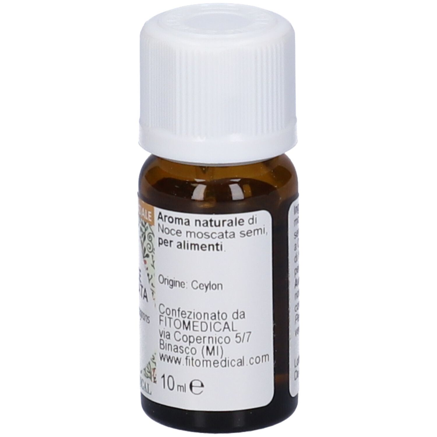 Flacone in vetro marrone con tappo bianco. Scritta: Noce Moscata, Olio Essenziale, FitoMedical, 10 ml.