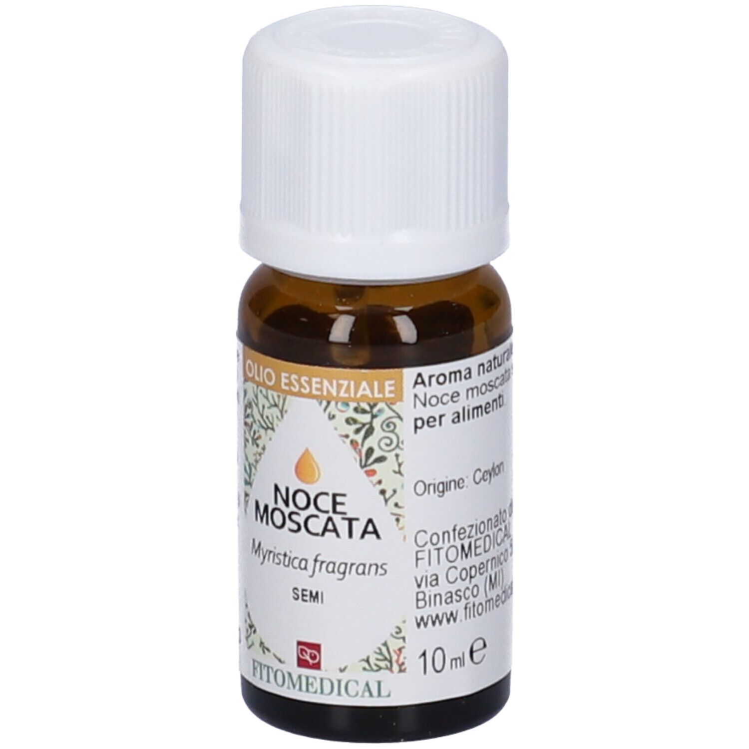 Flacone in vetro marrone con tappo bianco. Scritta: Noce Moscata, Olio Essenziale, FitoMedical, 10 ml.