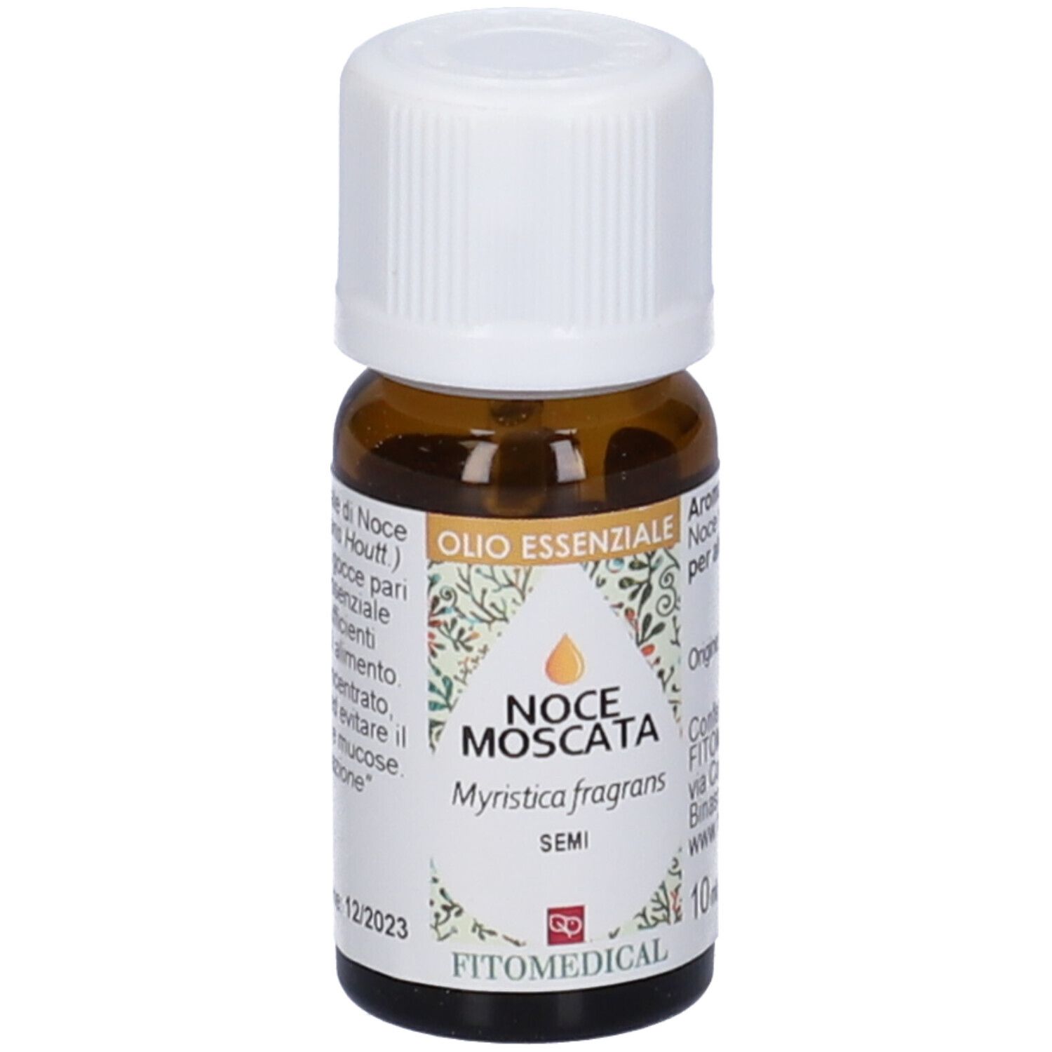 Flacone in vetro marrone con tappo bianco. Scritta: Noce Moscata, Olio Essenziale, FitoMedical, 10 ml.