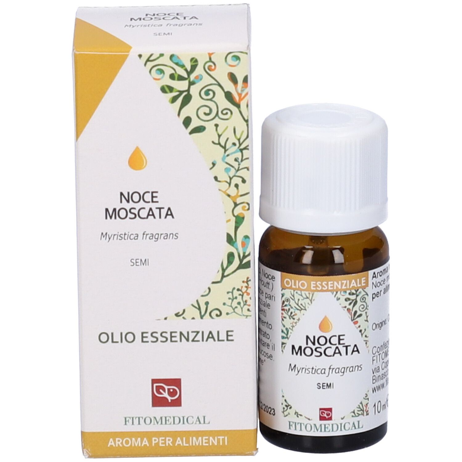 Flacone in vetro marrone con tappo bianco e scatola. Scritta: Noce Moscata, Olio Essenziale, FitoMedical, 10 ml.