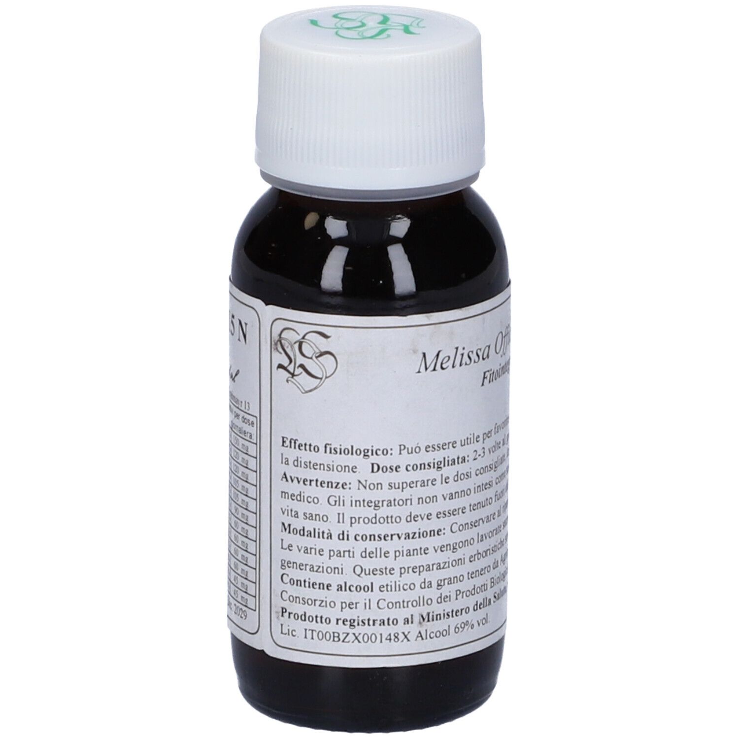Flacone di vetro marrone con tappo bianco. Etichetta con testo e logo. Scritta: Melissa Officinalis. Fitointegratore alimentare.