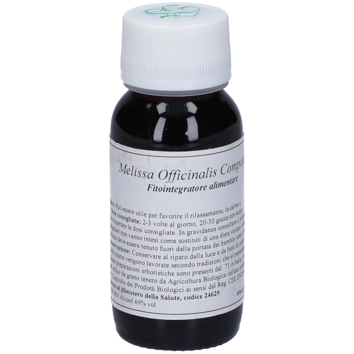 Flacone di vetro marrone con tappo bianco. Etichetta con testo: Melissa Officinalis Compositum. Fitointegratore alimentare.