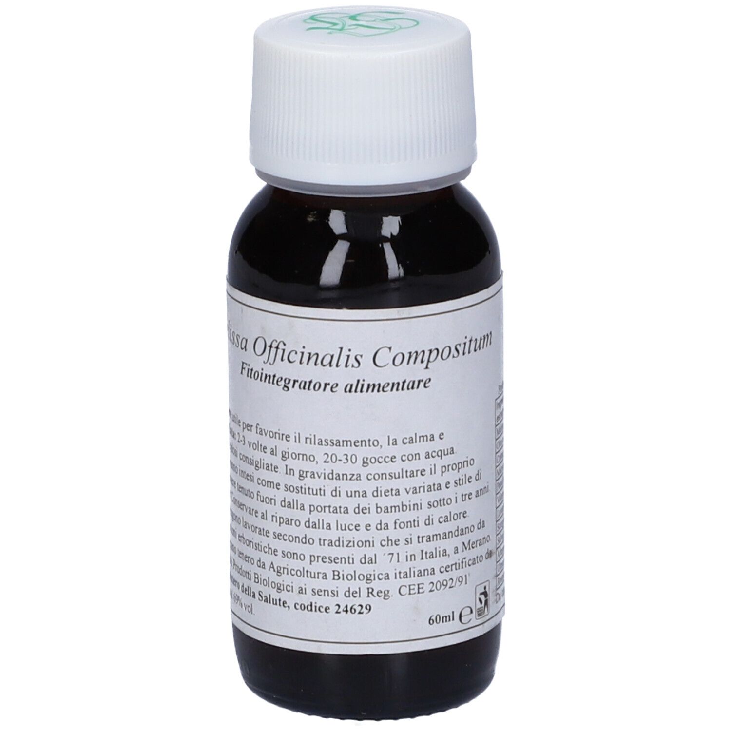 Flacone di vetro marrone con tappo bianco. Etichetta con testo: Melissa Officinalis Compositum. Fitointegratore alimentare. 60ml.