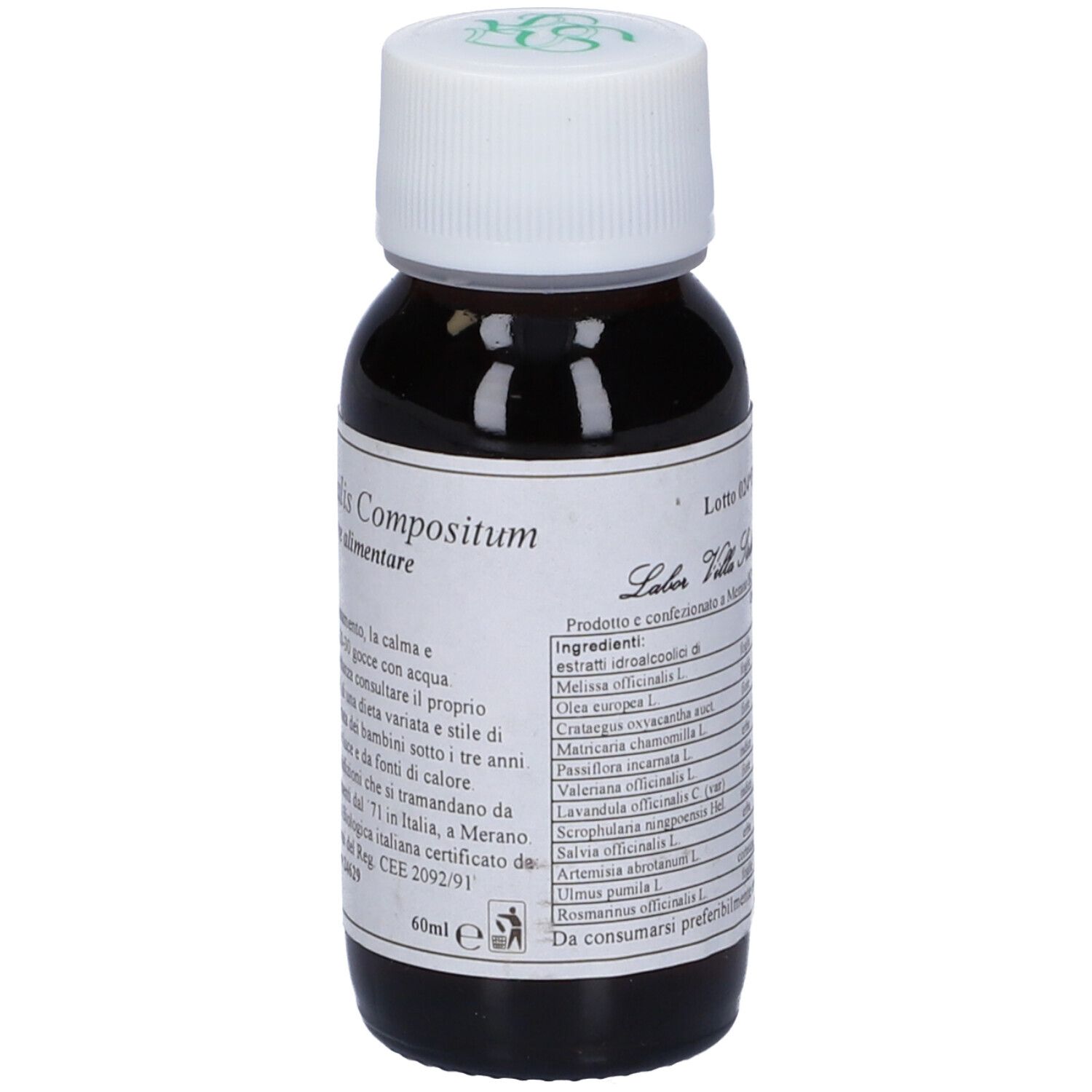 Flacone di vetro marrone con tappo bianco. Etichetta con testo e ingredienti. Scritta: Melissa Officinalis Compositum. 60ml.