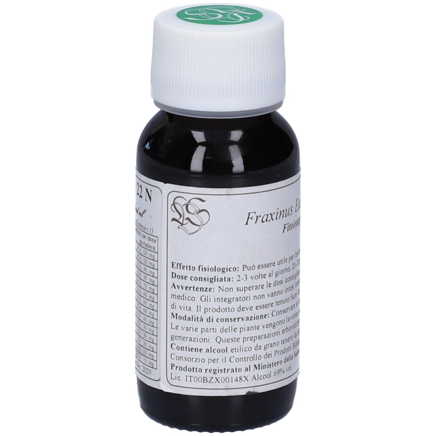 Flacone di vetro con liquido marrone, tappo bianco. Etichetta con testo. Scritta: Fraxinus Excelsior, Fitointegratore.