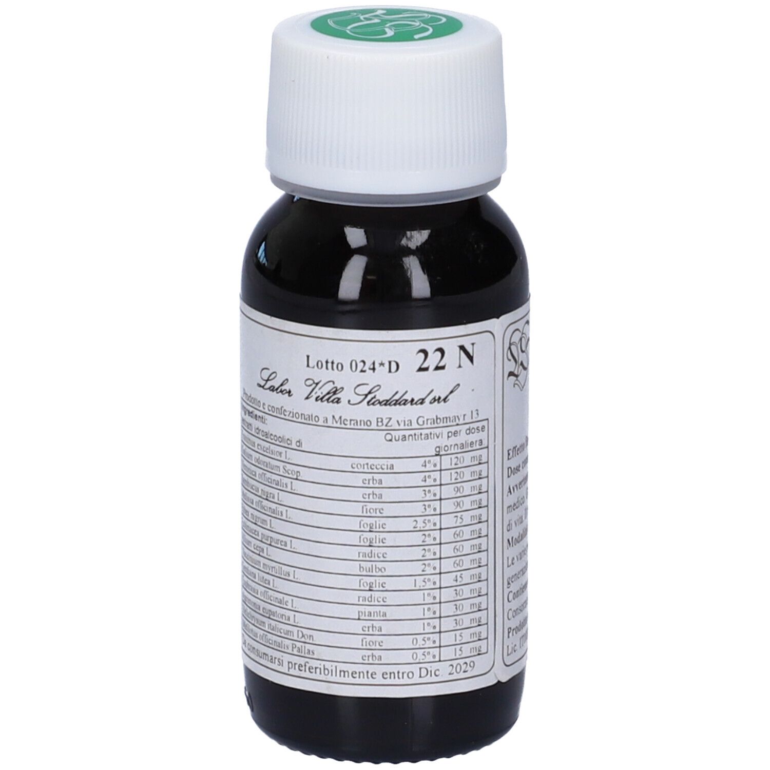 Flacone di vetro con liquido marrone, tappo bianco. Etichetta con testo. Scritta: 22 N, Labor Villa Soddard.