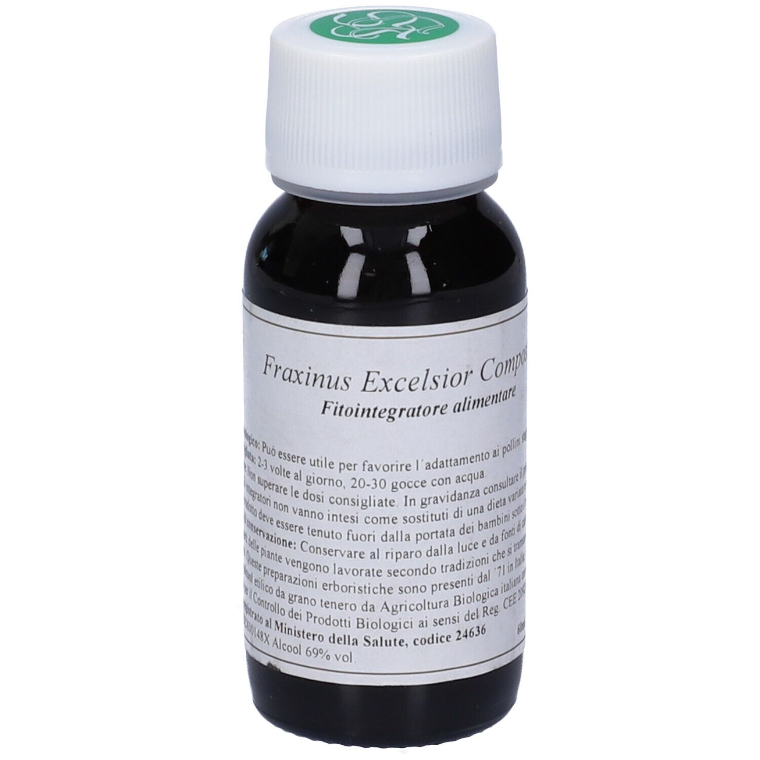 Flacone di vetro con liquido marrone, tappo bianco. Etichetta: Fraxinus Excelsior Compositum, Fitointegratore alimentare.