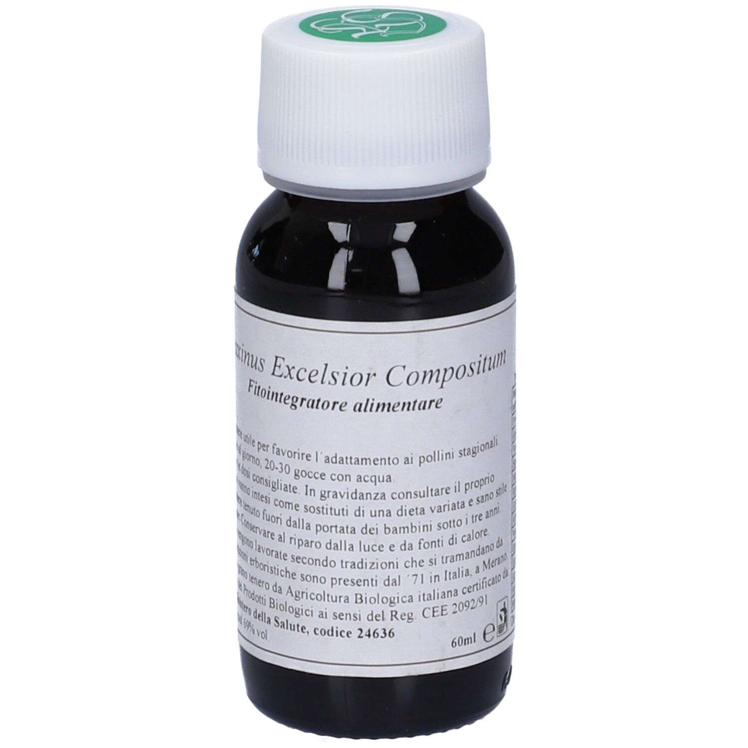 Flacone di vetro con liquido marrone, tappo bianco. Etichetta: Fraxinus Excelsior Compositum, Fitointegratore alimentare, 60ml.