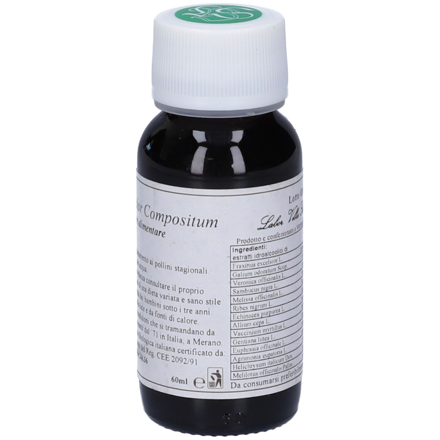 Flacone di vetro con liquido marrone, tappo bianco. Etichetta con testo. Scritta: Labor Villa Soddard, 60ml.