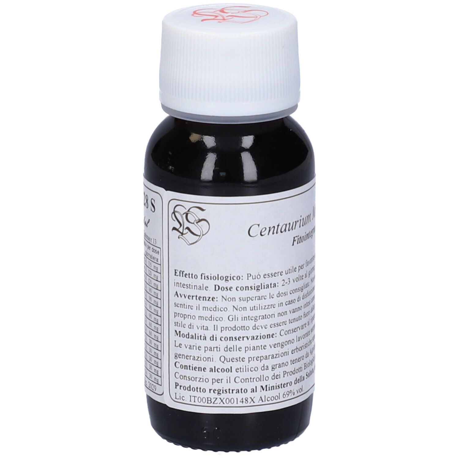 Flacone di vetro marrone con tappo bianco. Etichetta con testo in italiano.