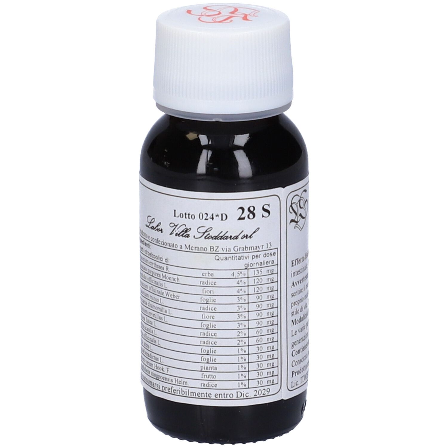 Flacone di vetro marrone con tappo bianco. Etichetta con ingredienti e testo in italiano.