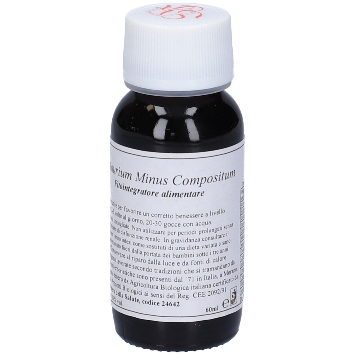 Flacone di vetro marrone con tappo bianco. Scritta: Centaurium Minus Compositum, Fitointegratore alimentare.