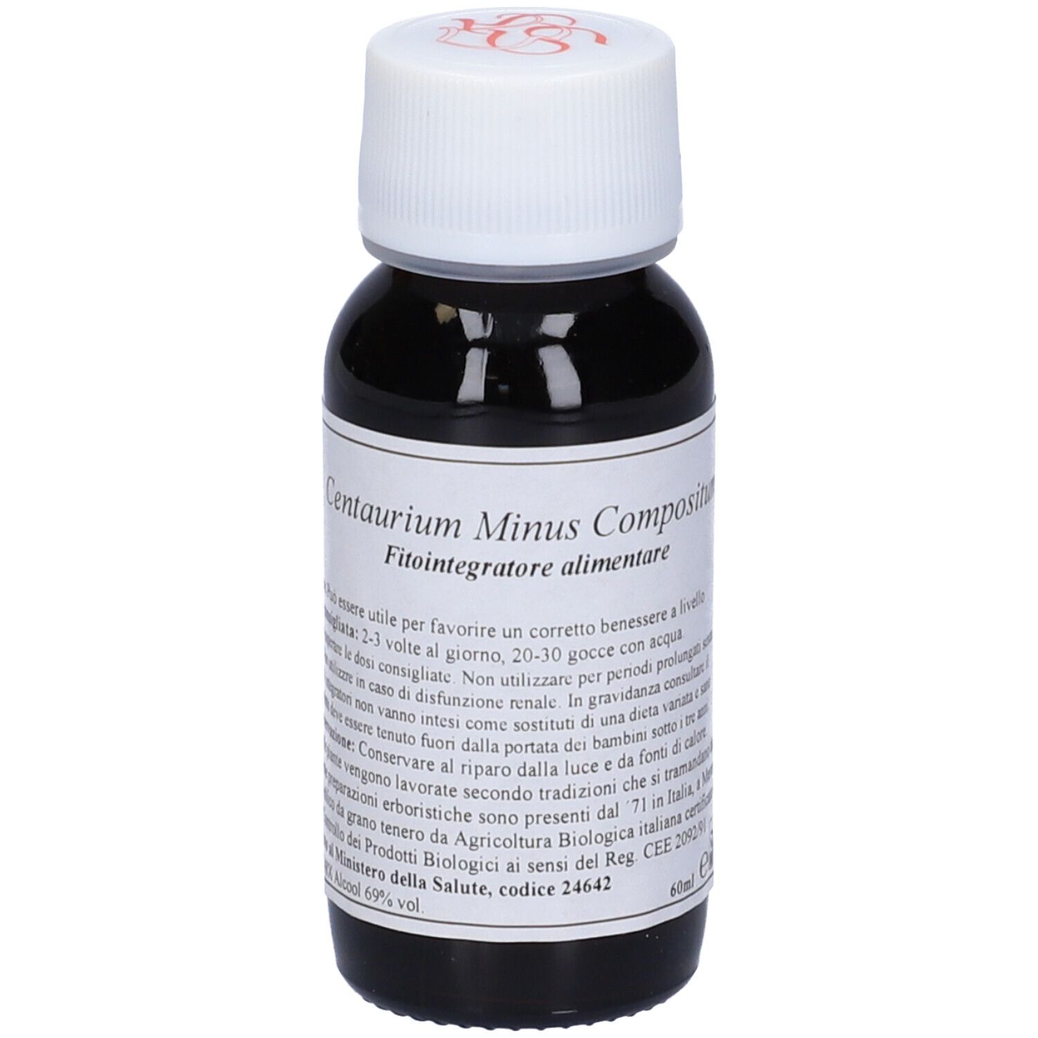 Flacone di vetro marrone con tappo bianco. Etichetta con ingredienti e testo in italiano.