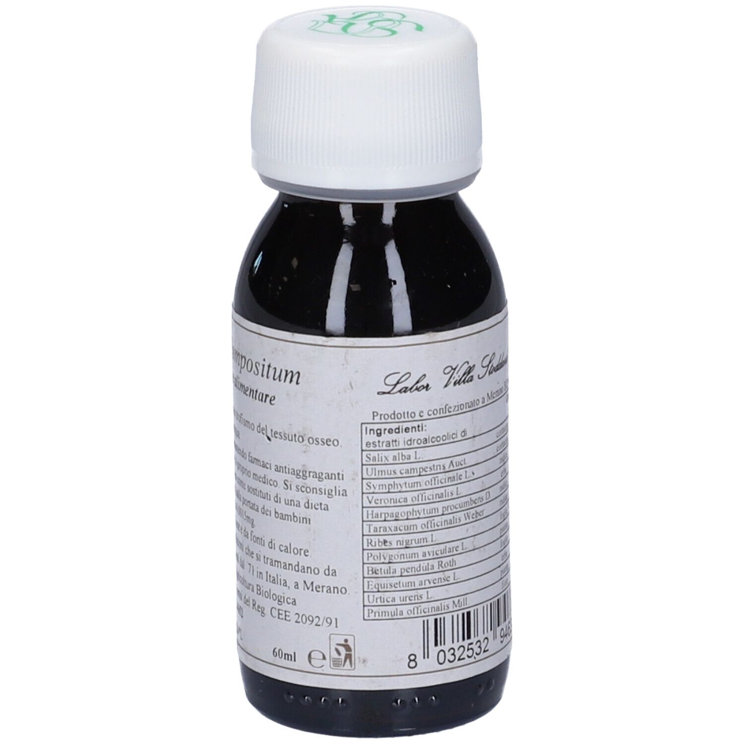 Bottiglia marrone con tappo bianco. Etichetta con testo e ingredienti. Logo verde. 60ml. Labor Villa Stoddart.