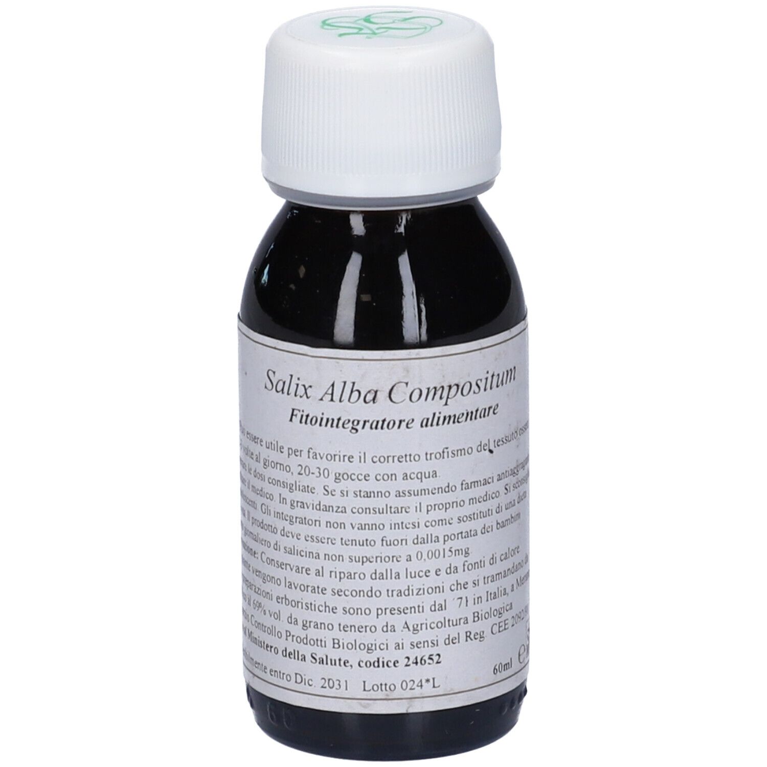 Bottiglia marrone con tappo bianco. Etichetta con testo. Logo verde sul tappo. 60ml. Salix Alba Compositum.